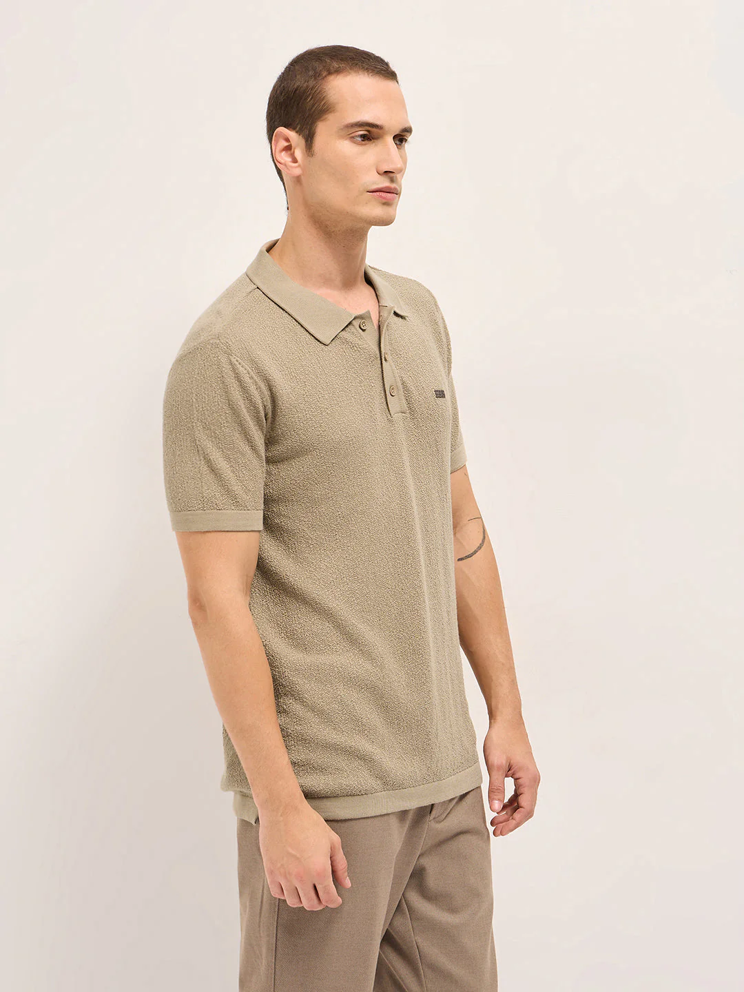 Men Beige Solid Texture Knit Design Regular Fit Polo - Image 3