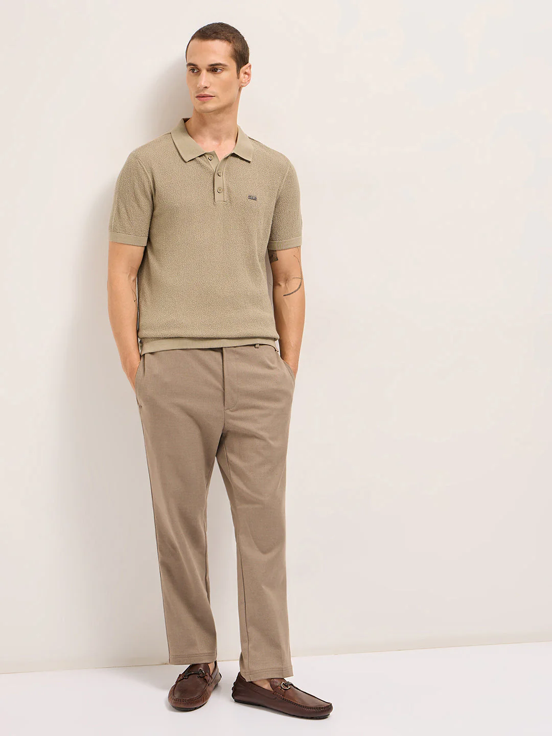 Men Beige Solid Texture Knit Design Regular Fit Polo - Image 4