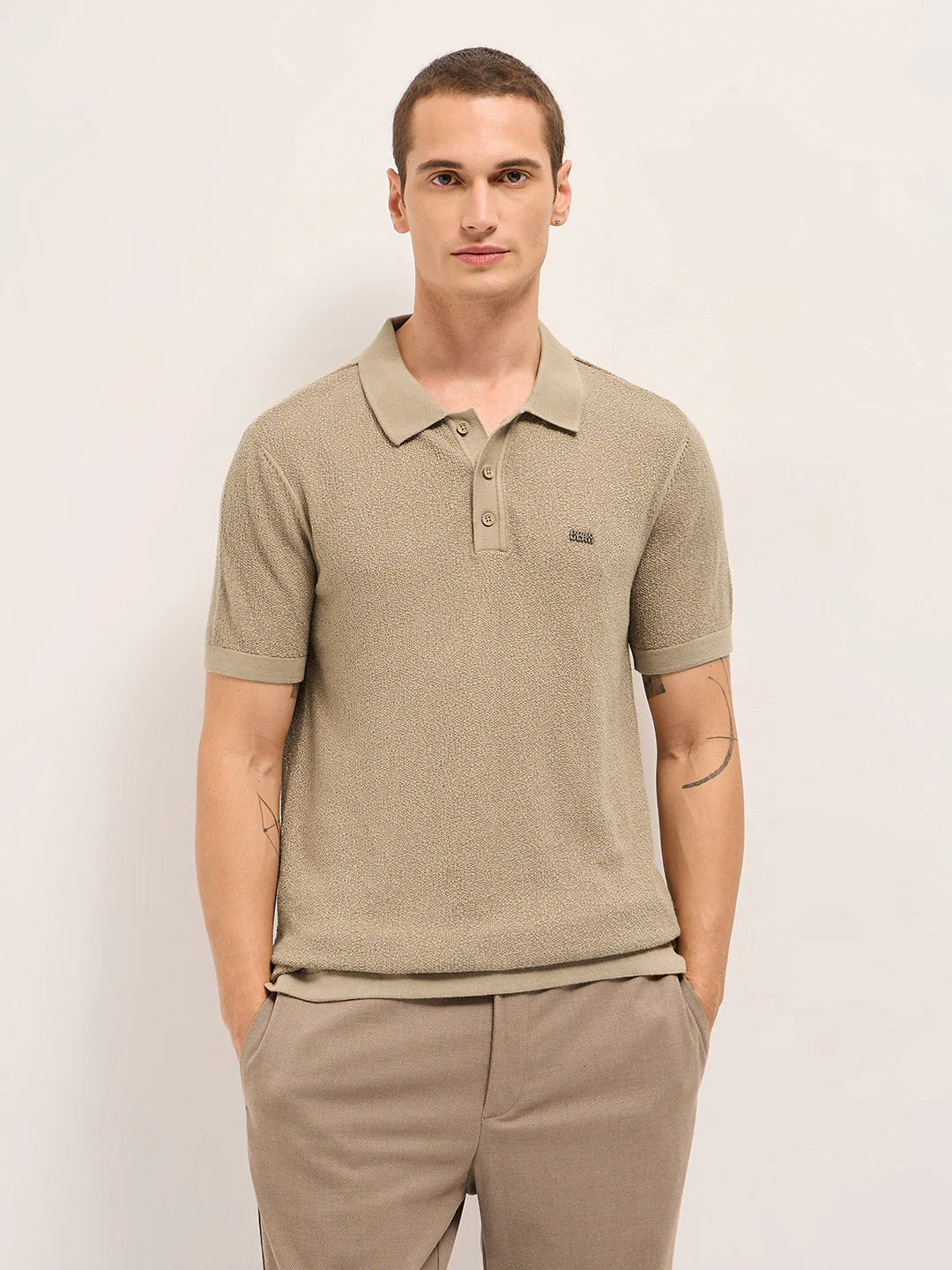 Men Beige Solid Texture Knit Design Regular Fit Polo - Image 6