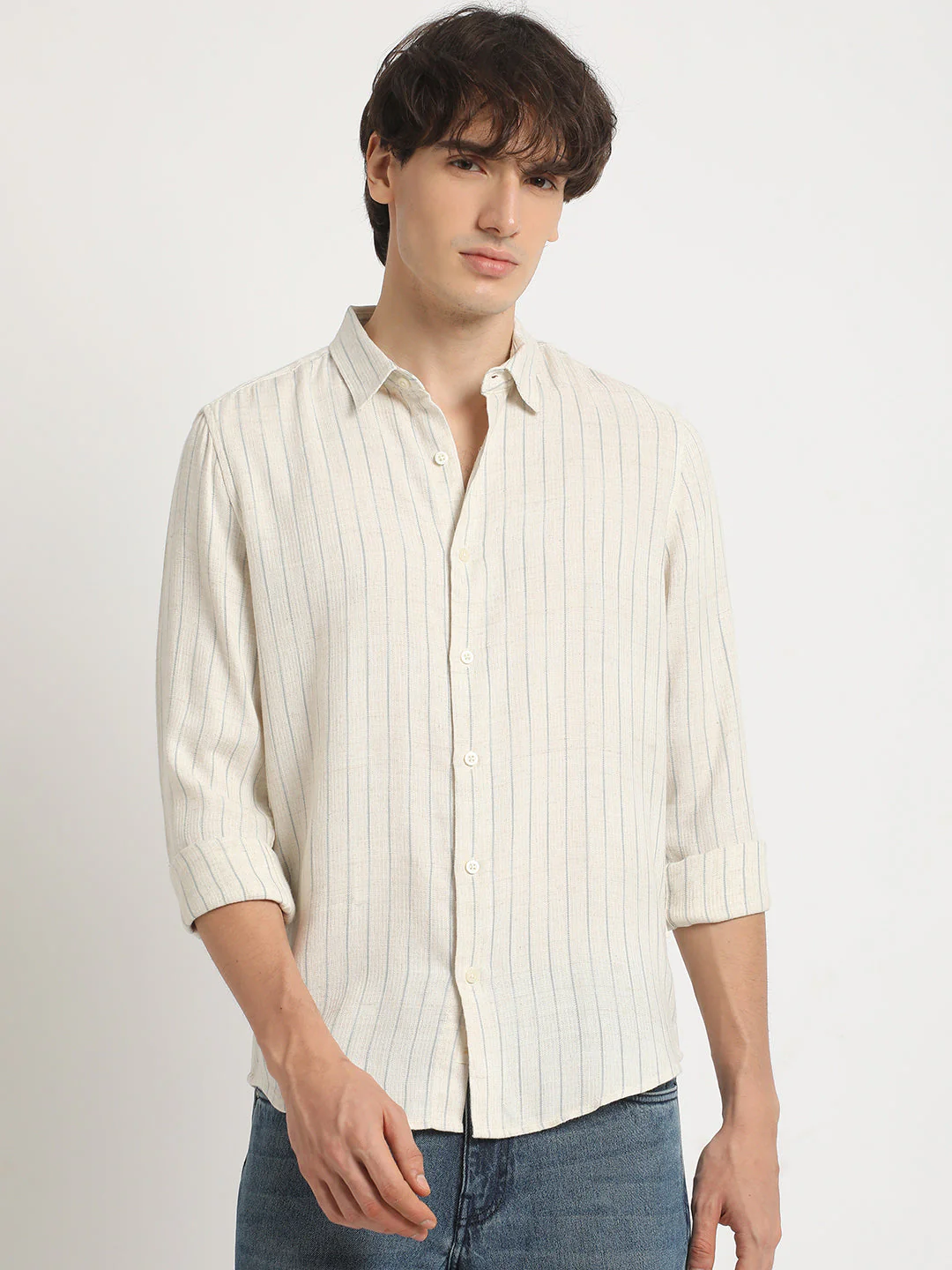 Men  Beige Stripe Slim Fit Cotton Casual Shirt - Image 2