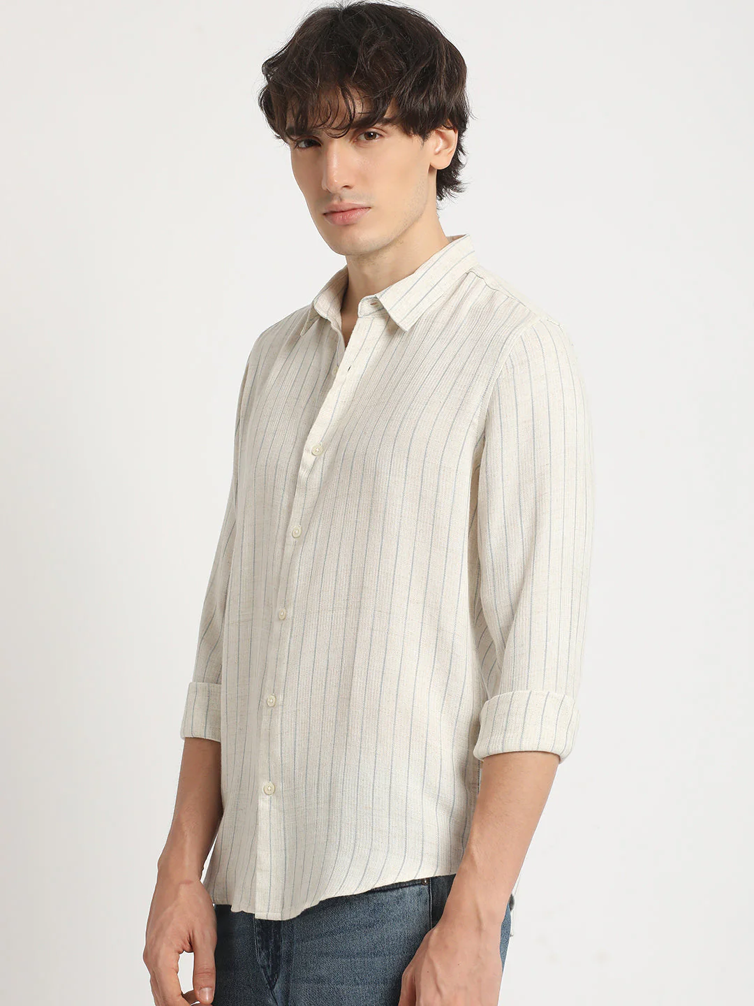 Men  Beige Stripe Slim Fit Cotton Casual Shirt - Image 3
