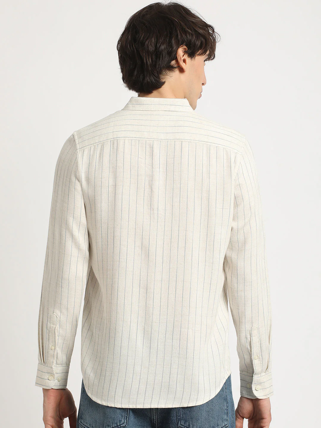 Men  Beige Stripe Slim Fit Cotton Casual Shirt - Image 4