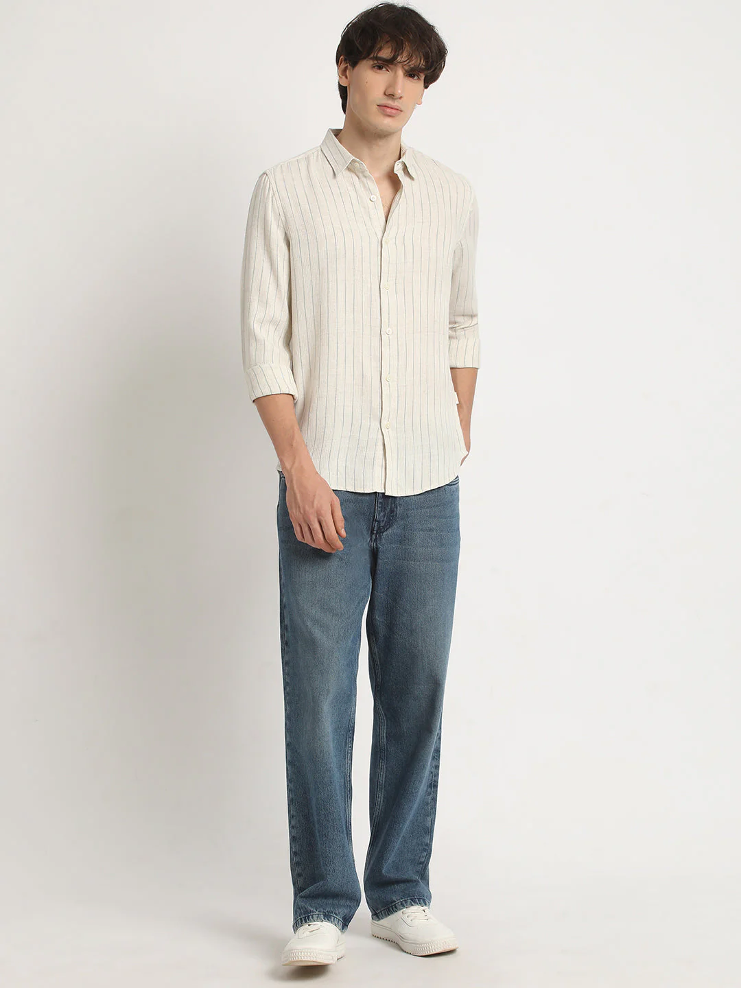 Men  Beige Stripe Slim Fit Cotton Casual Shirt - Image 5