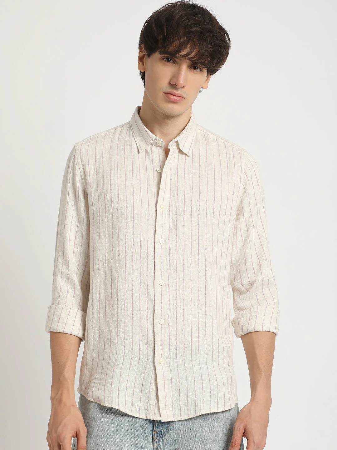 Men  Beige Stripe Slim Fit Cotton Casual Shirt - Image 2