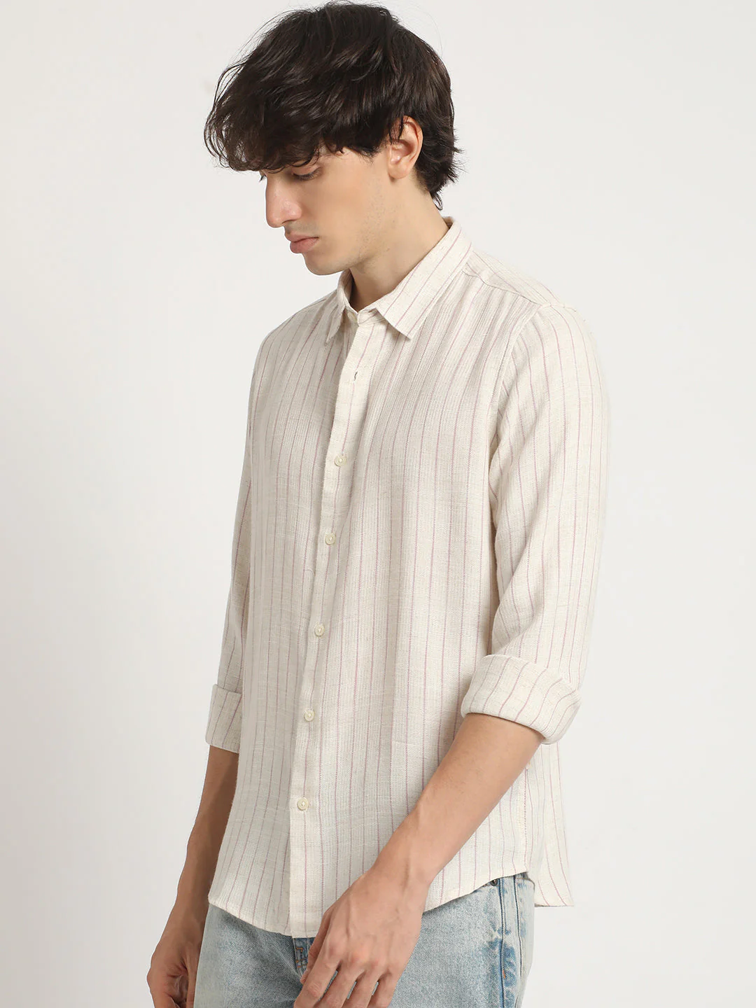 Men  Beige Stripe Slim Fit Cotton Casual Shirt - Image 3