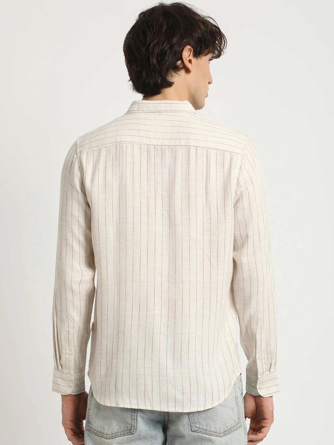 Men  Beige Stripe Slim Fit Cotton Casual Shirt - Image 4