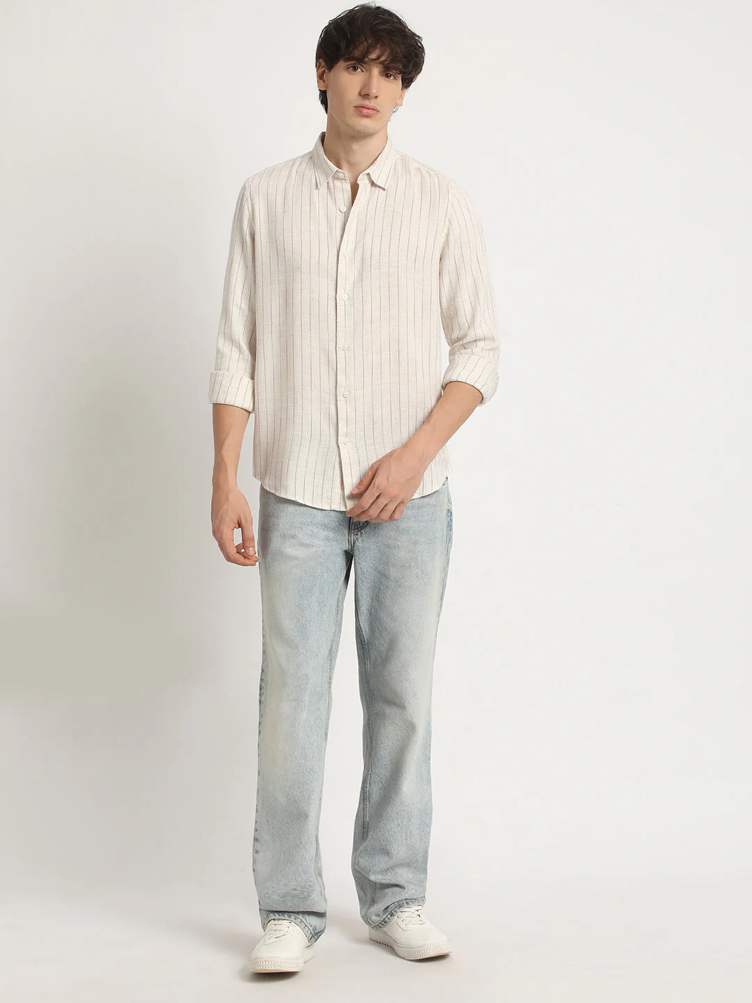 Men  Beige Stripe Slim Fit Cotton Casual Shirt - Image 5