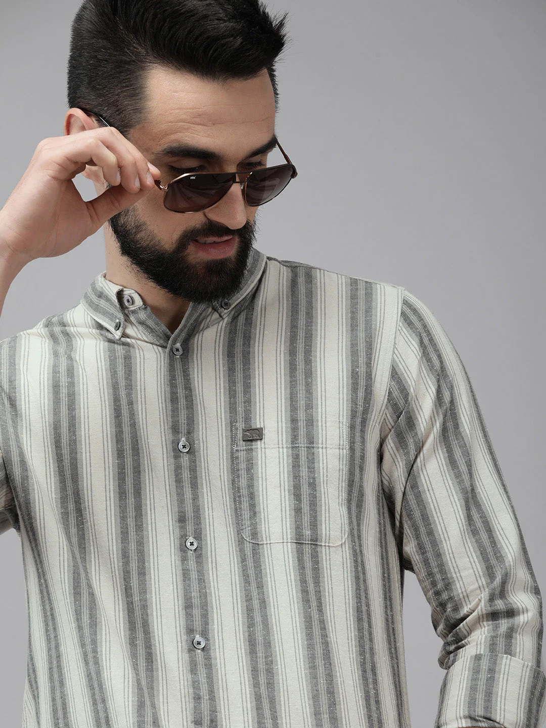 Men Beige Striped Cotton Casual Shirt - Image 2