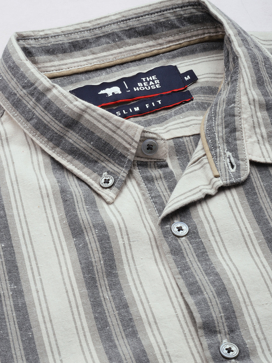 Men Beige Striped Cotton Casual Shirt - Image 3