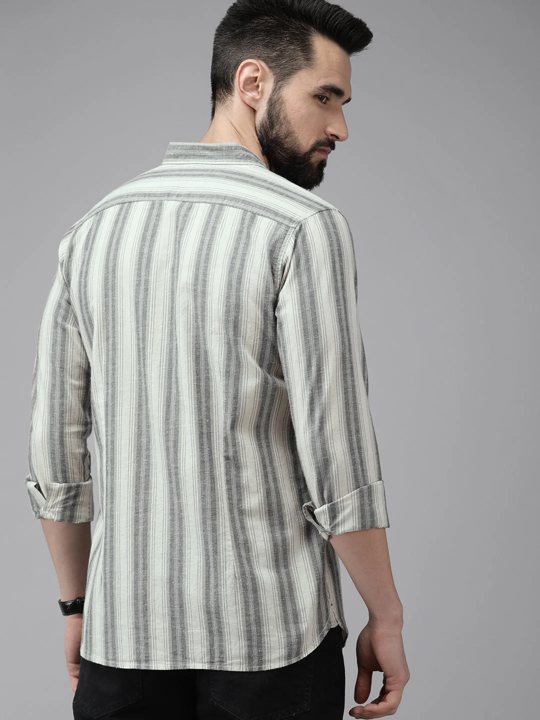 Men Beige Striped Cotton Casual Shirt - Image 5