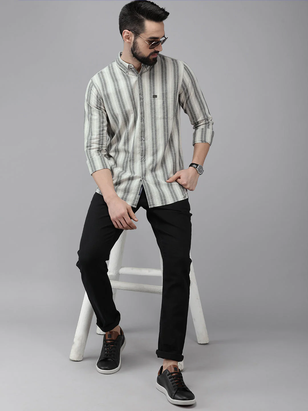 Men Beige Striped Cotton Casual Shirt - Image 6