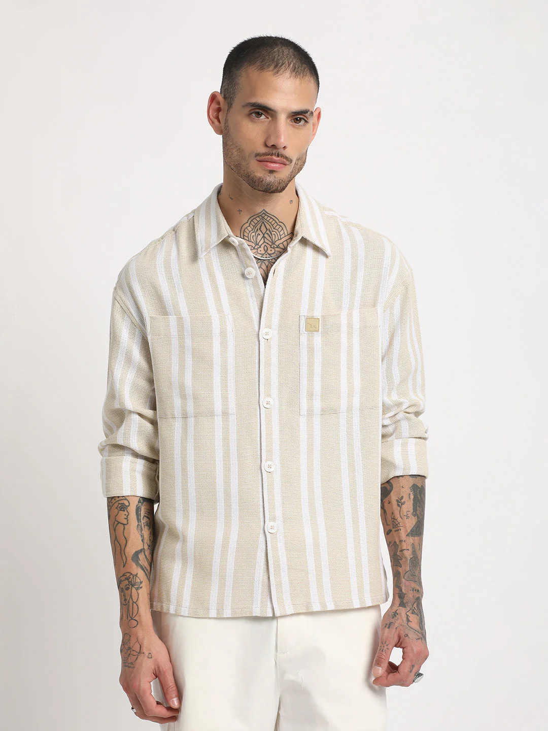 Men Beige Striped Relaxed Fit Cotton Casual Shirt - Image 2
