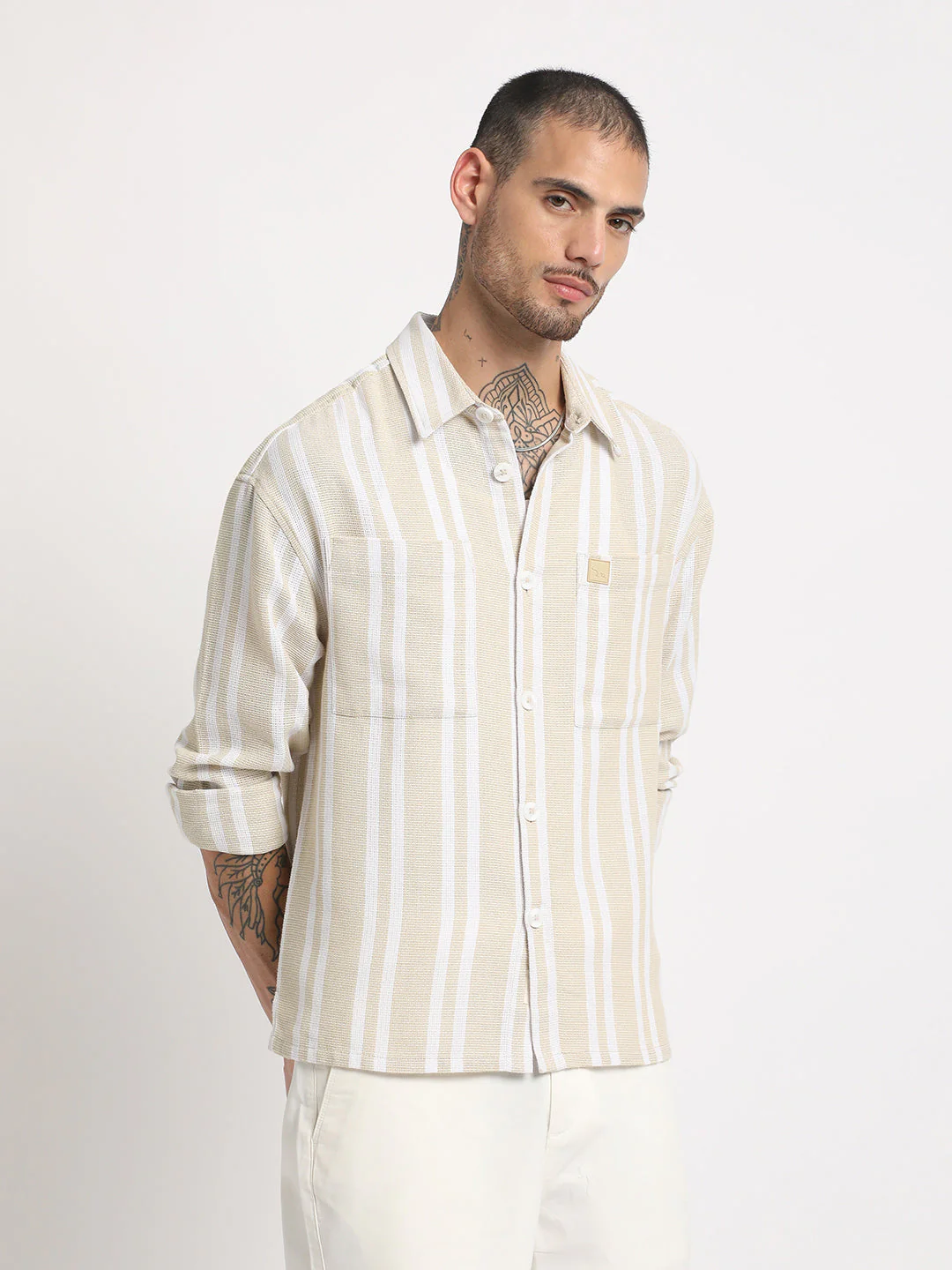 Men Beige Striped Relaxed Fit Cotton Casual Shirt - Image 3