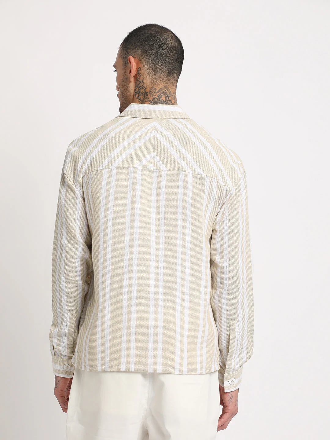 Men Beige Striped Relaxed Fit Cotton Casual Shirt - Image 4