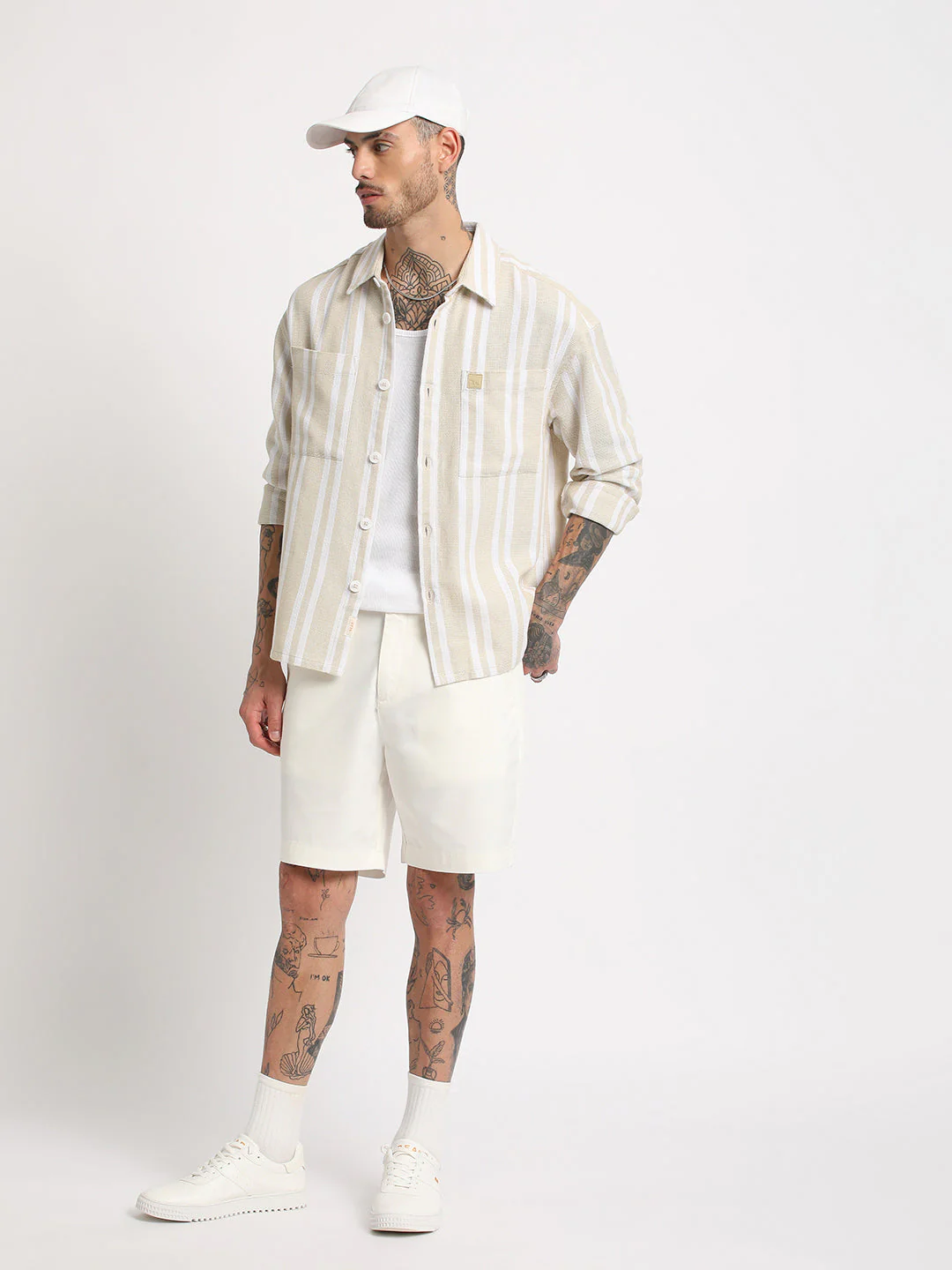 Men Beige Striped Relaxed Fit Cotton Casual Shirt - Image 5