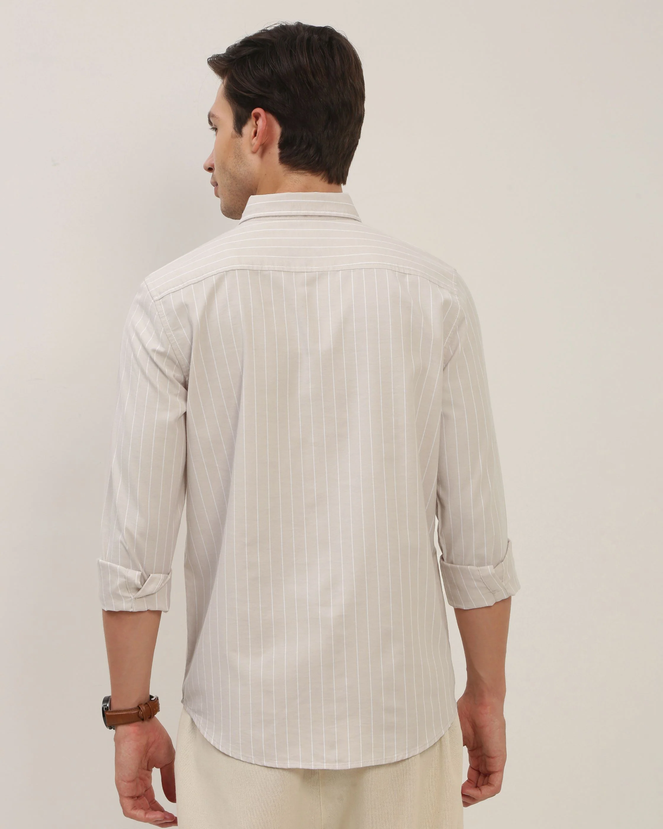 Men Beige Striped Shirt - Image 2