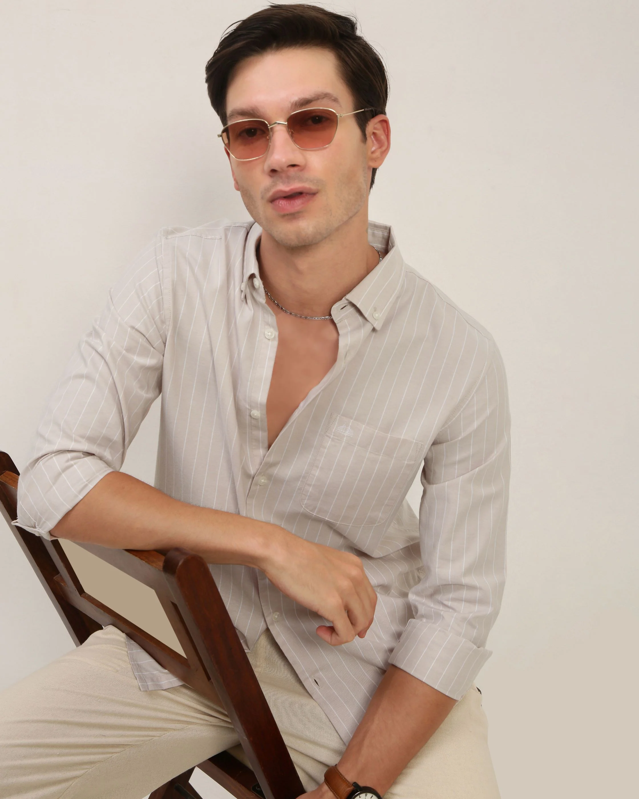Men Beige Striped Shirt - Image 4