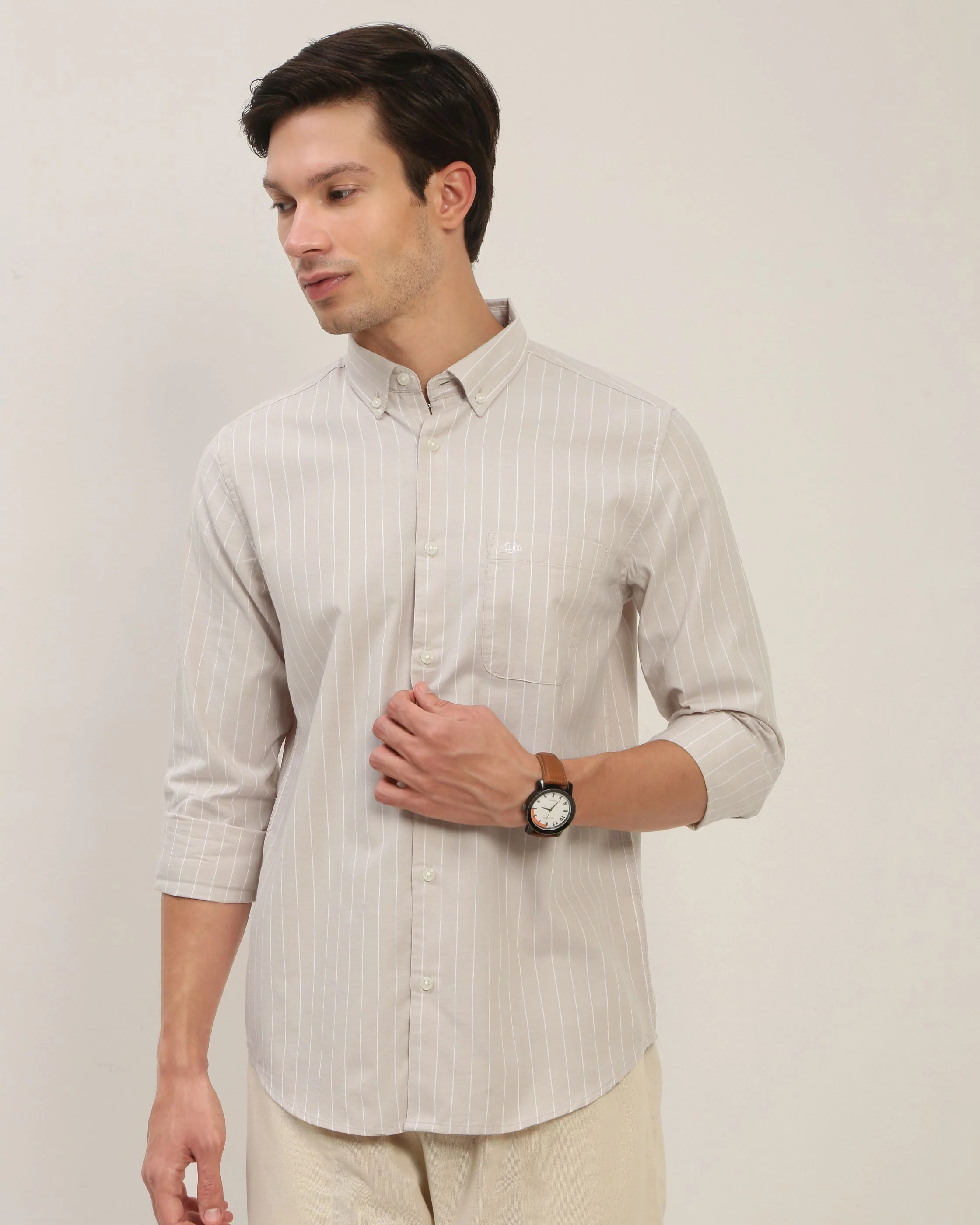 Men Beige Striped Shirt - Image 5