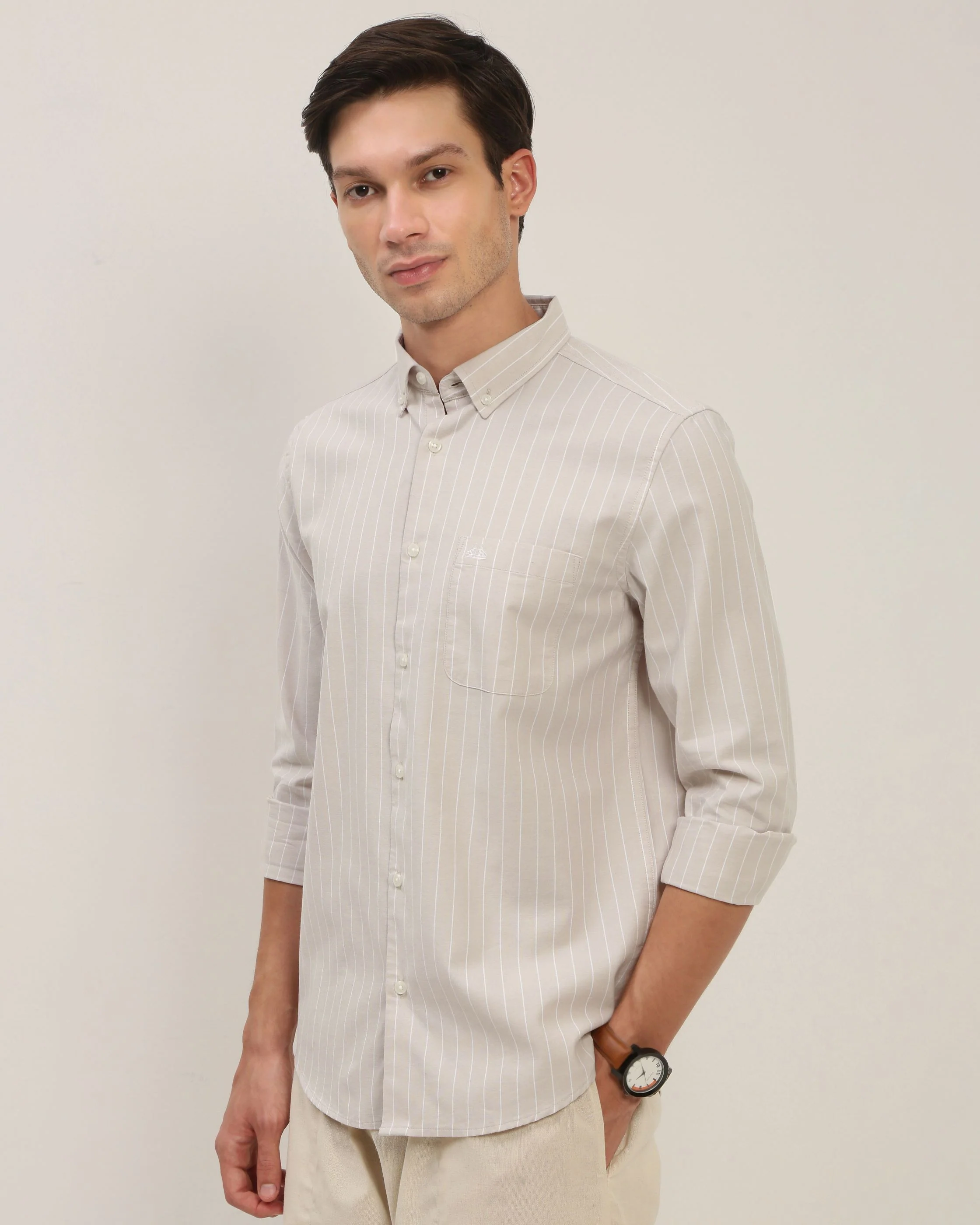 Men Beige Striped Shirt - Image 6