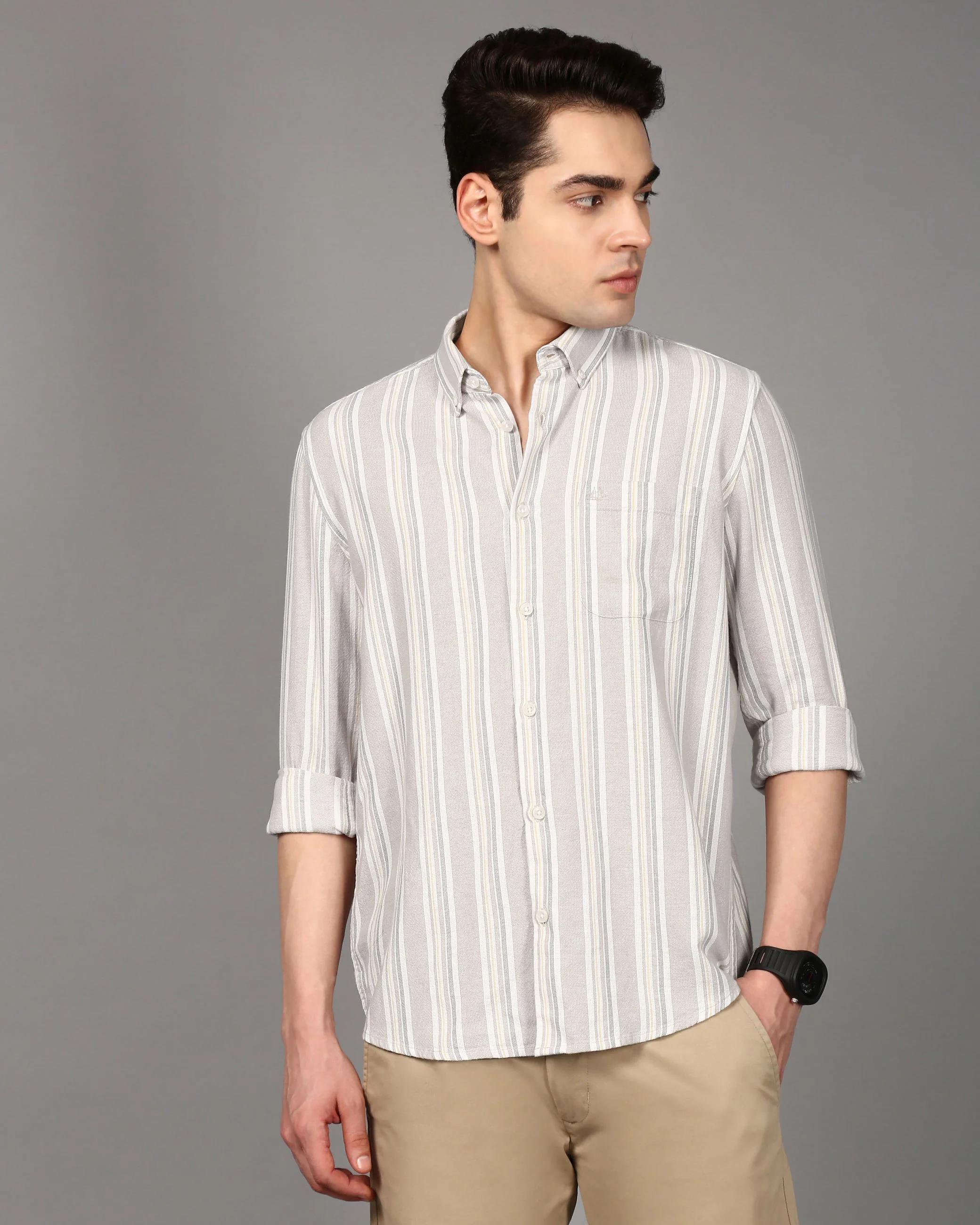 Men Beige Striped Shirt - Image 2