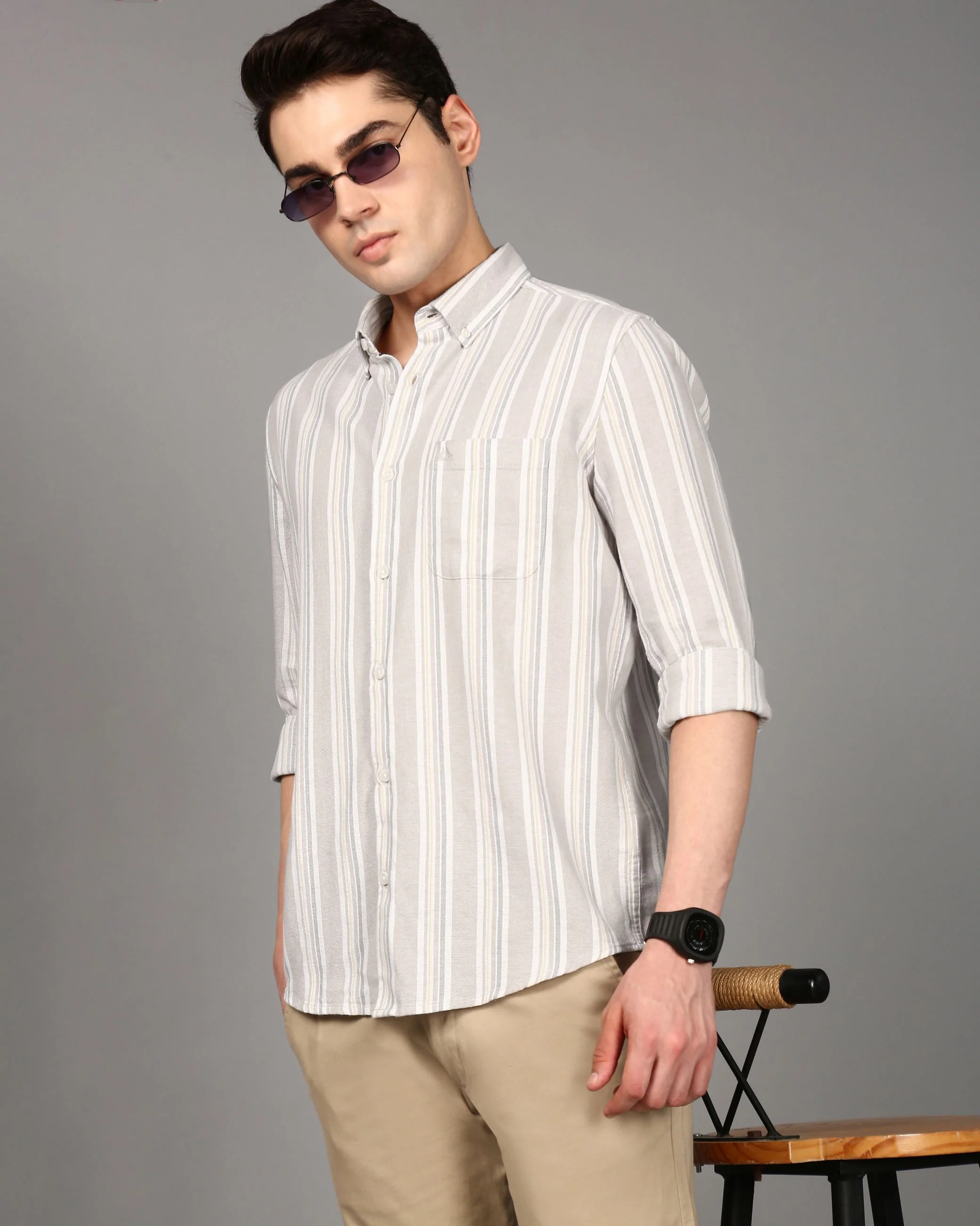 Men Beige Striped Shirt - Image 6