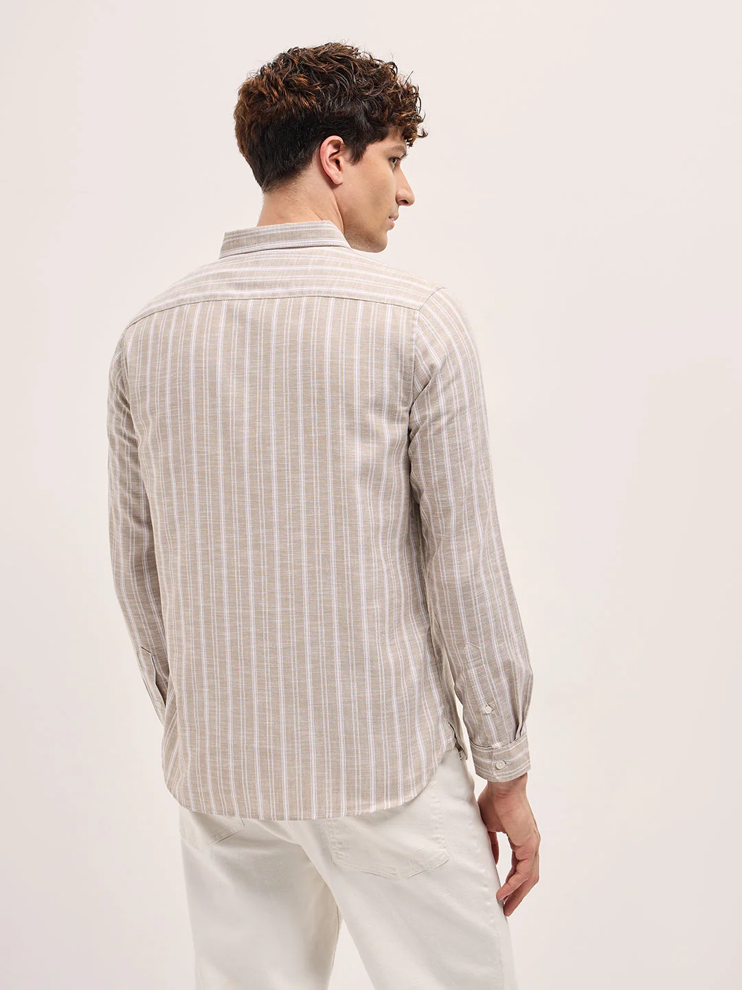 Men Beige Striped Slim Fit Casual Shirt - Image 2