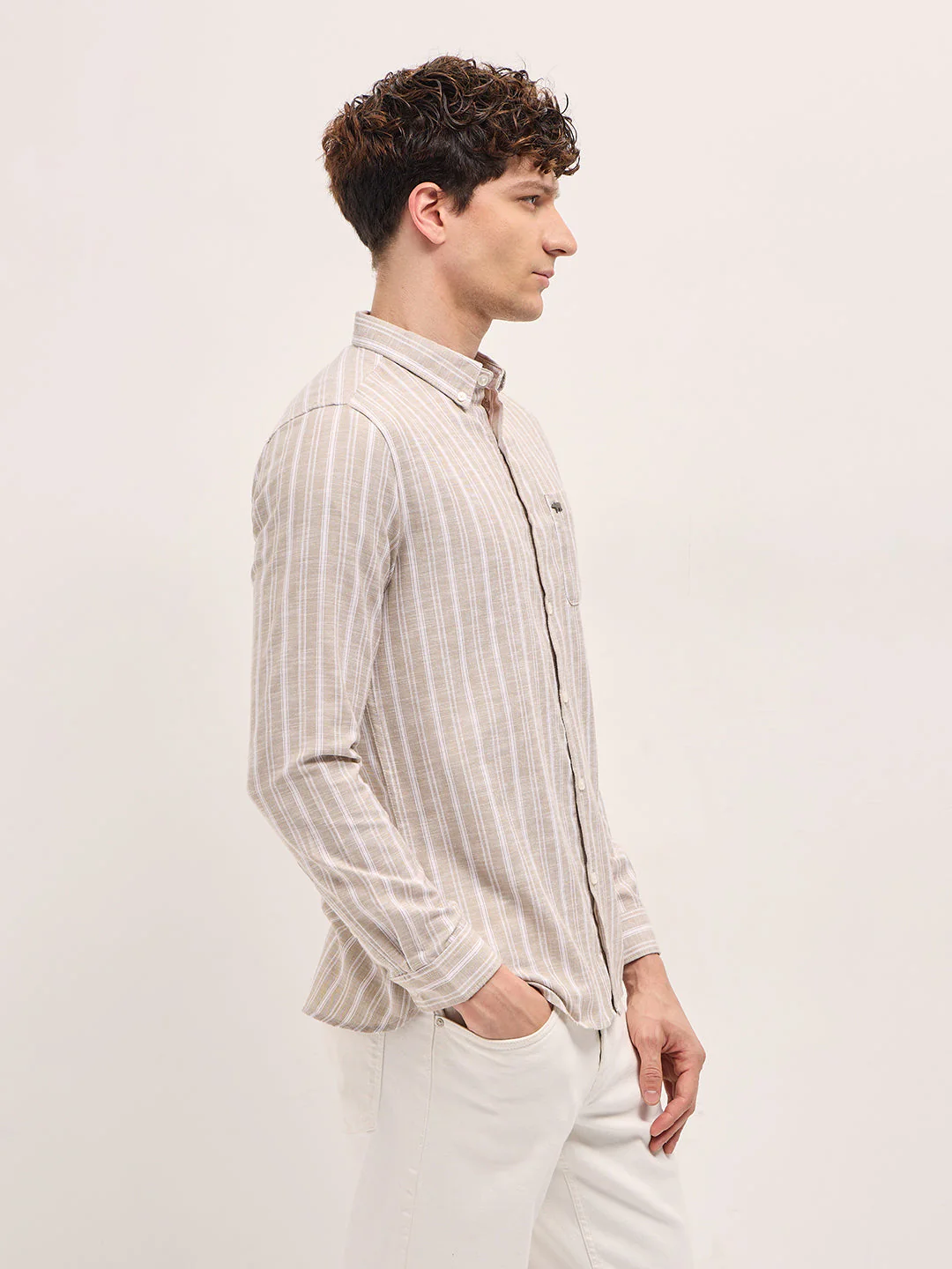 Men Beige Striped Slim Fit Casual Shirt - Image 3