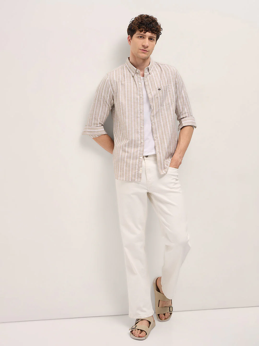 Men Beige Striped Slim Fit Casual Shirt - Image 4