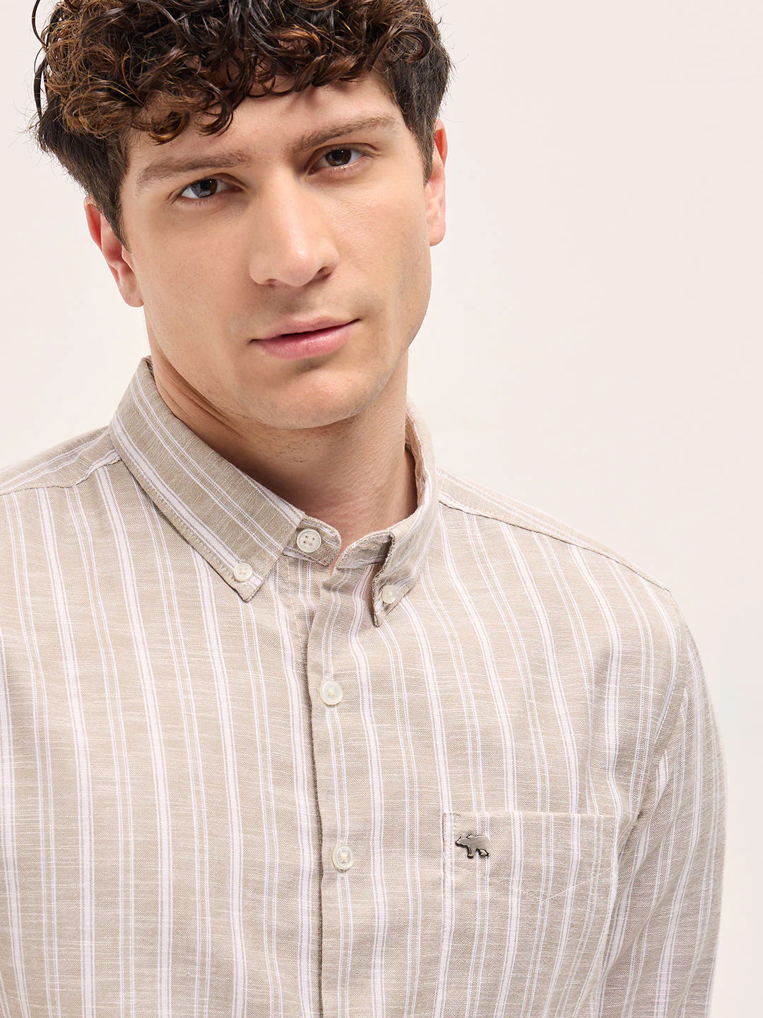 Men Beige Striped Slim Fit Casual Shirt - Image 5