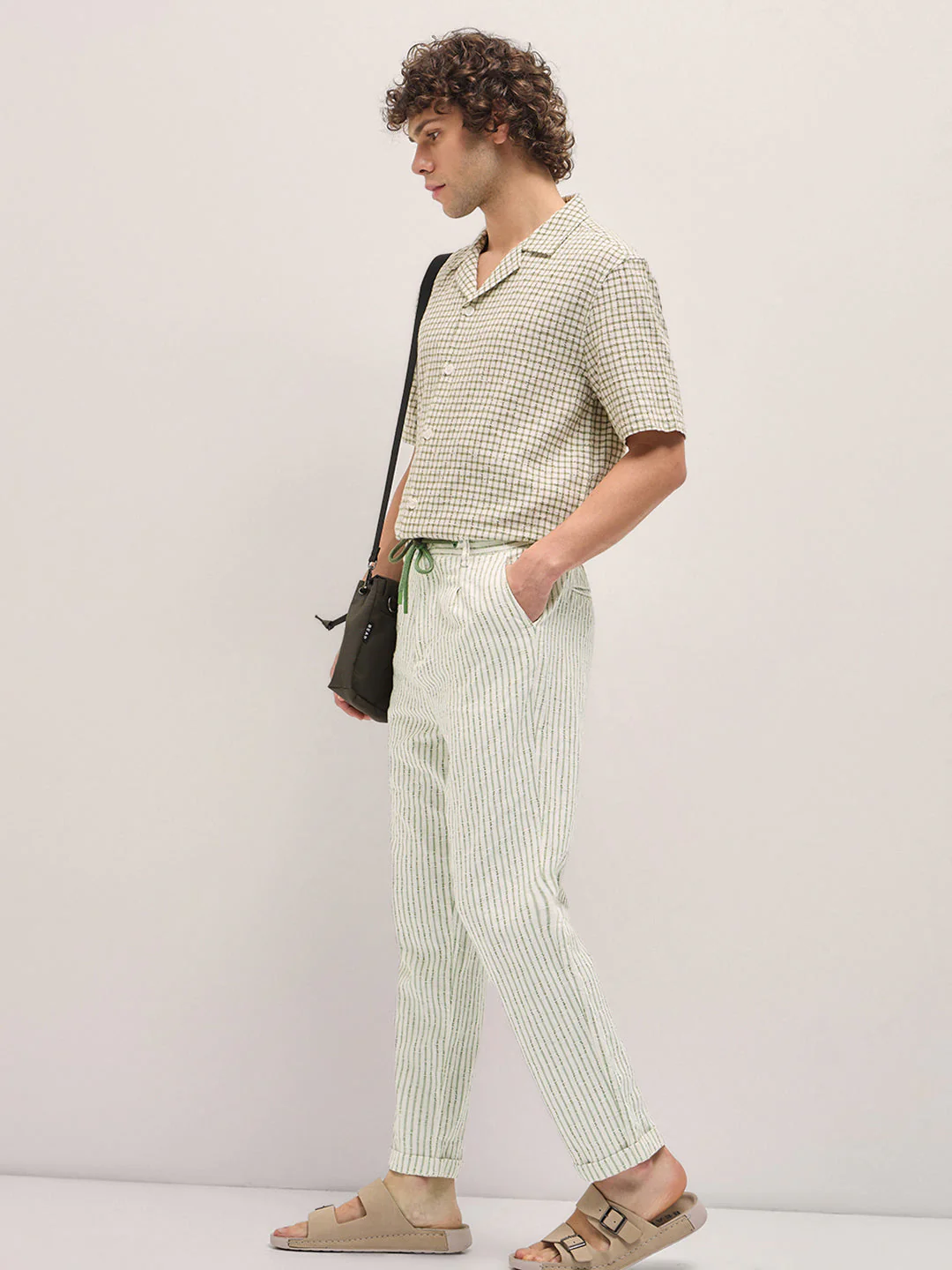 Men Beige Stripes Tapered Fit Elasticated Waist Casual Trouser - Image 3