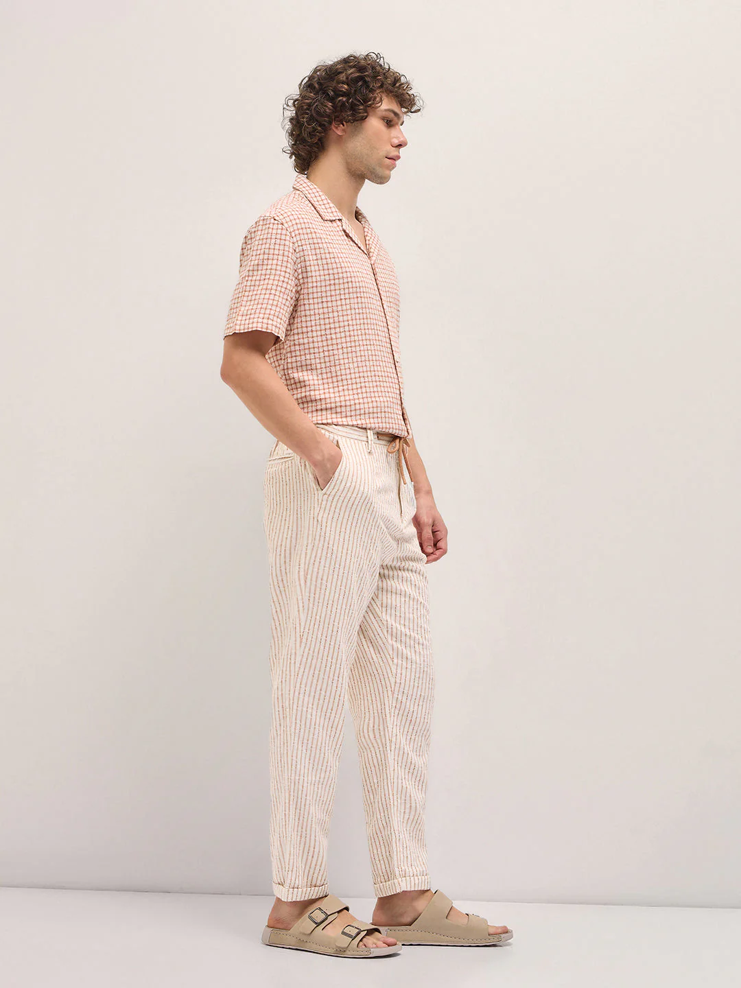 Men Beige Stripes Tapered Fit Elasticated Waist Casual Trouser - Image 3