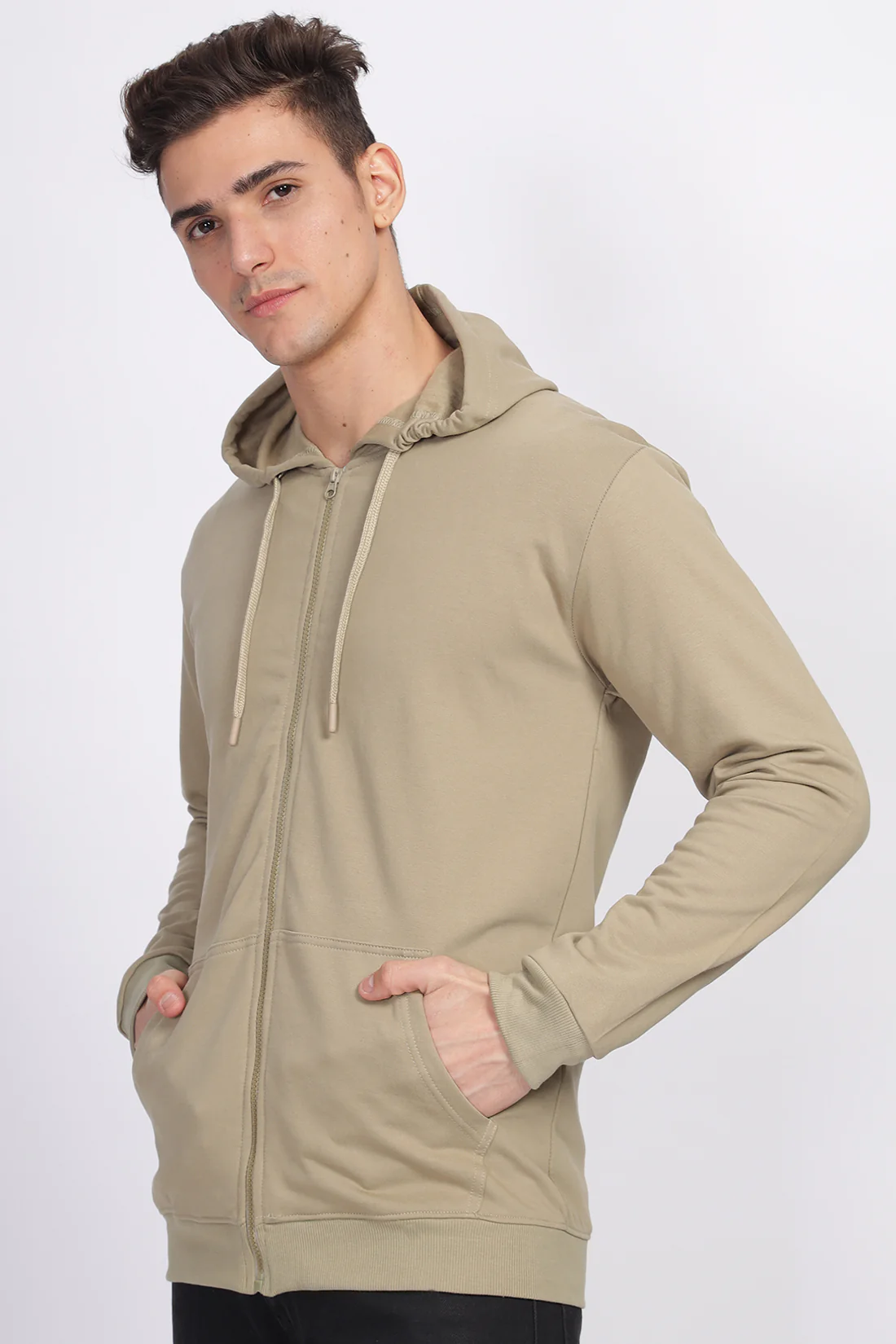 Men Beige  Sweatshirt With Zipper Hoodies - Image 5