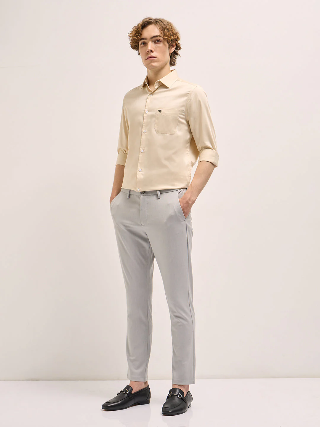 Men Beige Tailored Fit Solid Formal Shirt - Image 4