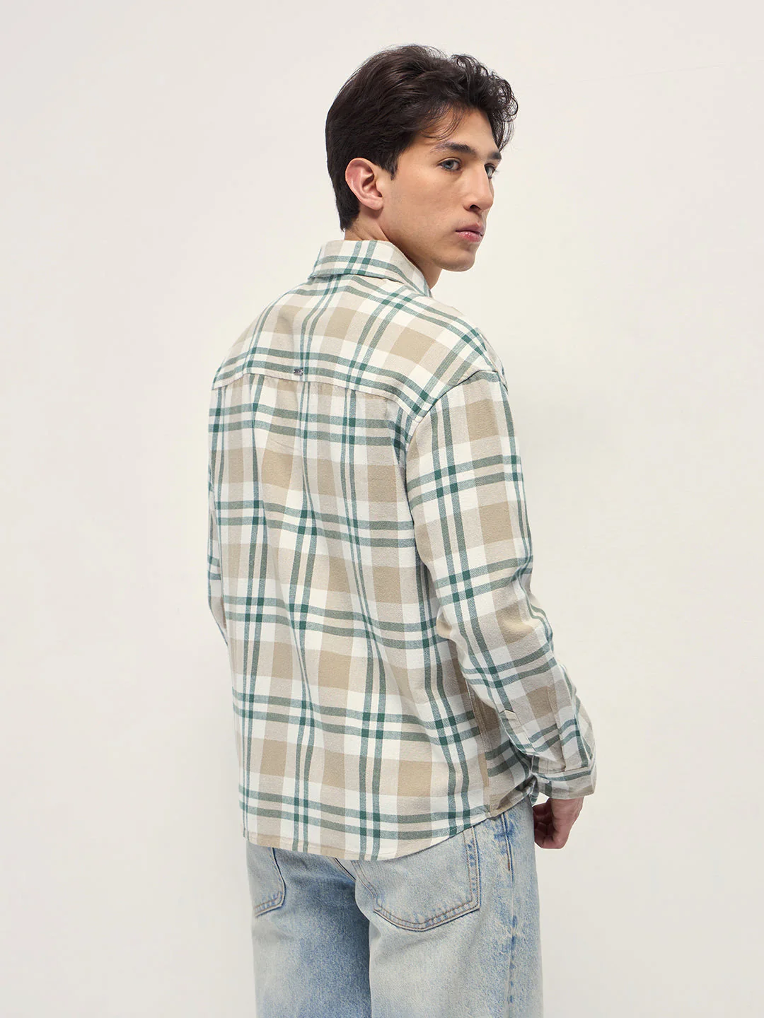 Men Beige Tartan Check Cotton Relaxed Fit Overshirt - Image 2