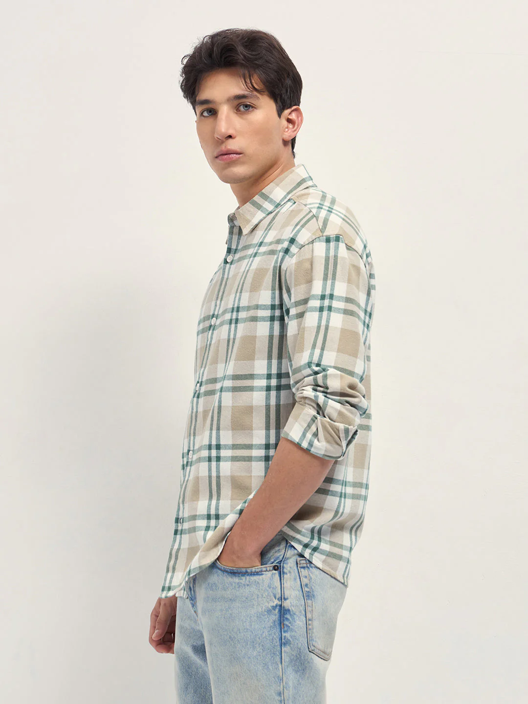 Men Beige Tartan Check Cotton Relaxed Fit Overshirt - Image 3