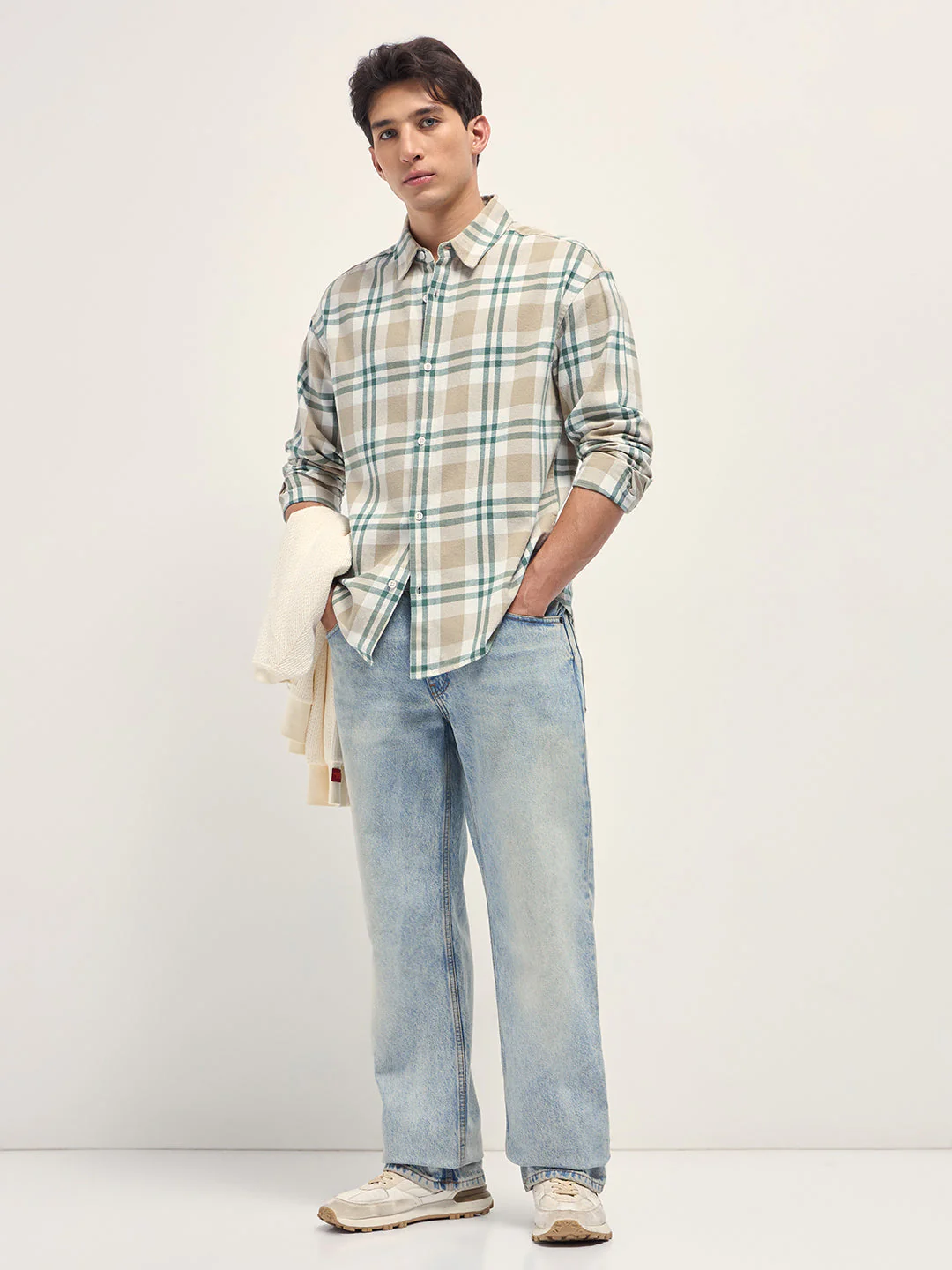 Men Beige Tartan Check Cotton Relaxed Fit Overshirt - Image 4