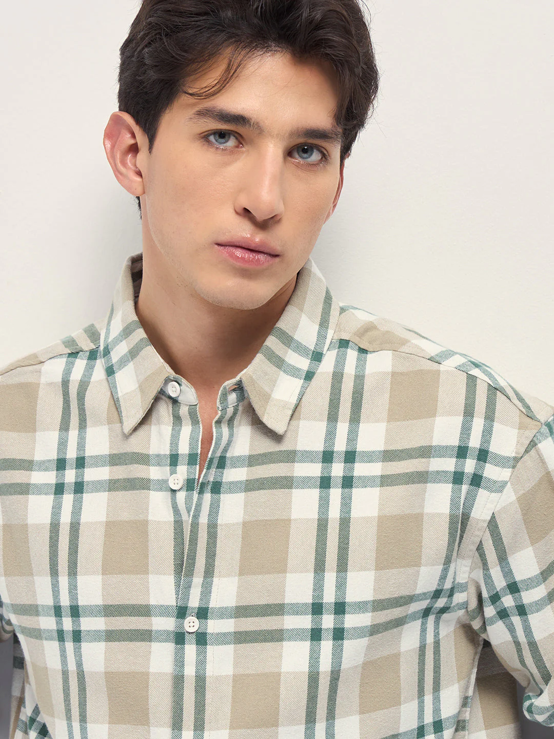 Men Beige Tartan Check Cotton Relaxed Fit Overshirt - Image 5