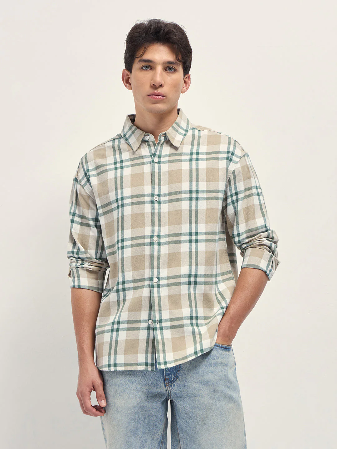 Men Beige Tartan Check Cotton Relaxed Fit Overshirt - Image 6