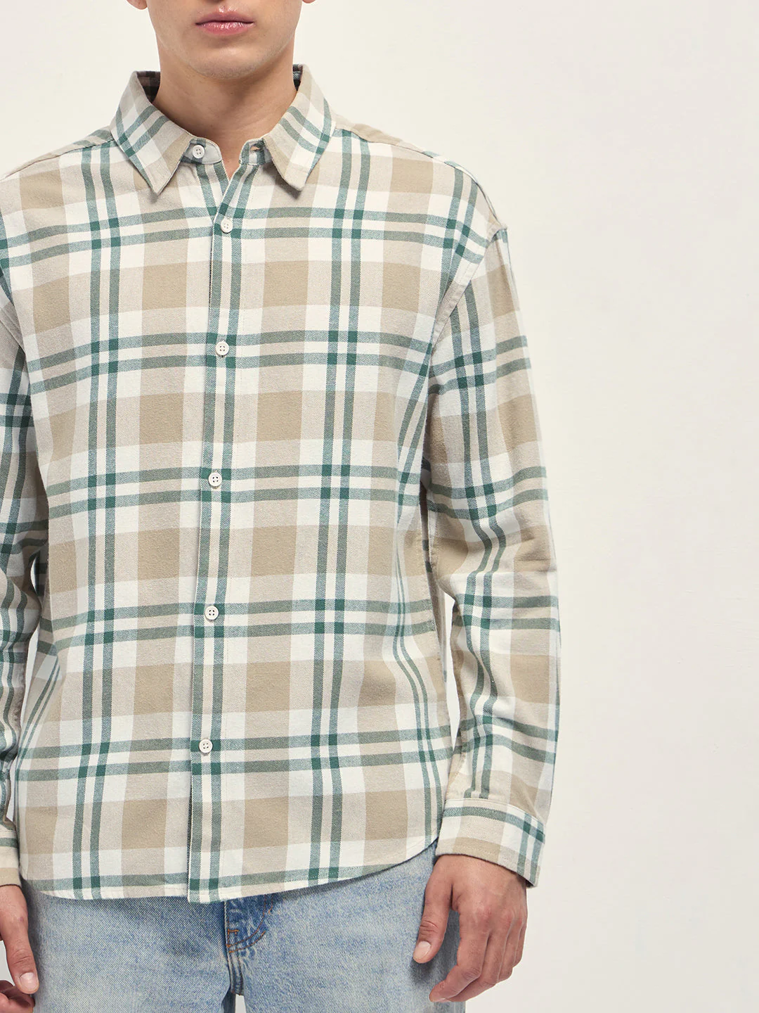 Men Beige Tartan Check Cotton Relaxed Fit Overshirt - Image 7