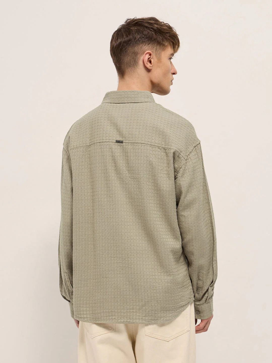 Men Beige Texture Woven Design Relax Fit Overshirt - Image 2