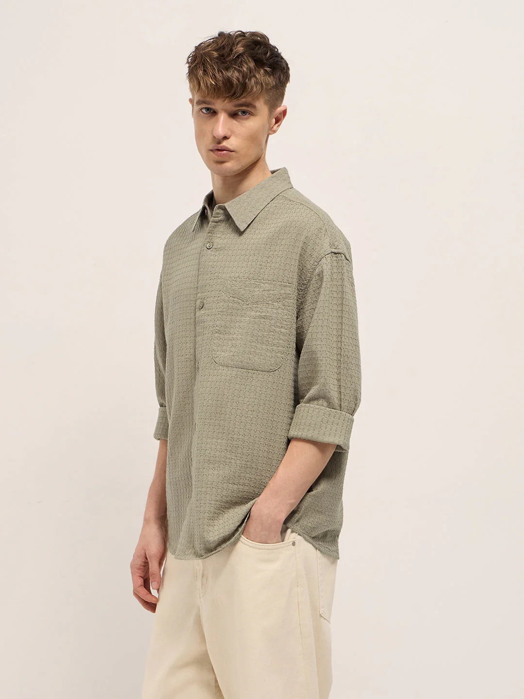 Men Beige Texture Woven Design Relax Fit Overshirt - Image 3