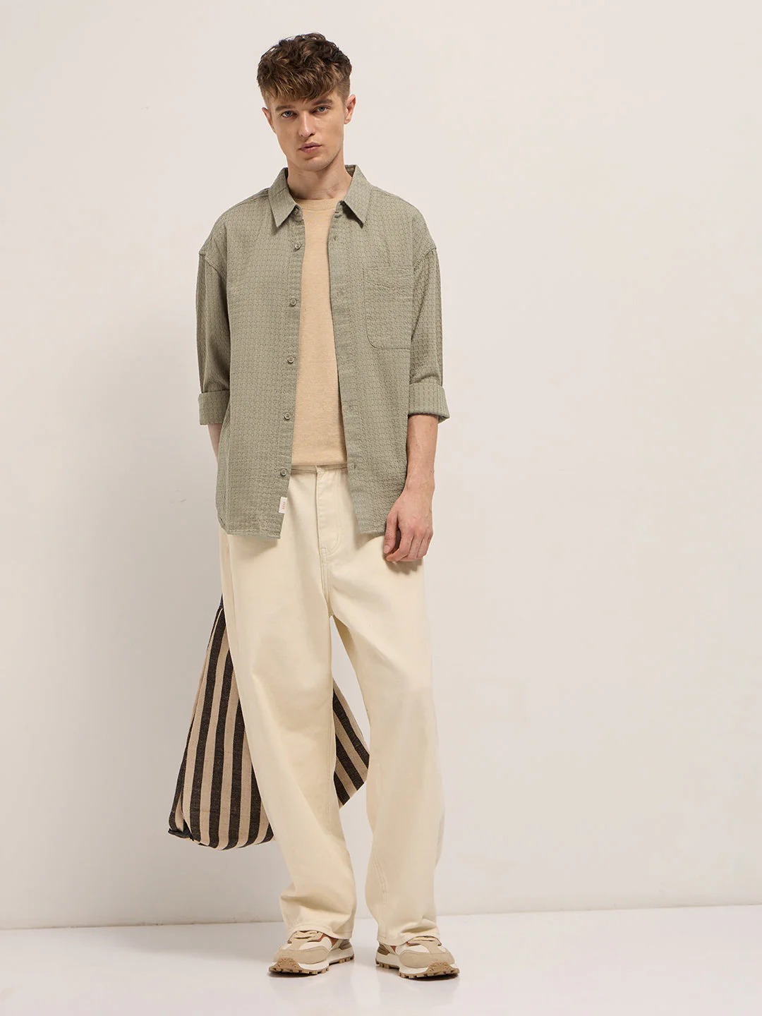 Men Beige Texture Woven Design Relax Fit Overshirt - Image 4