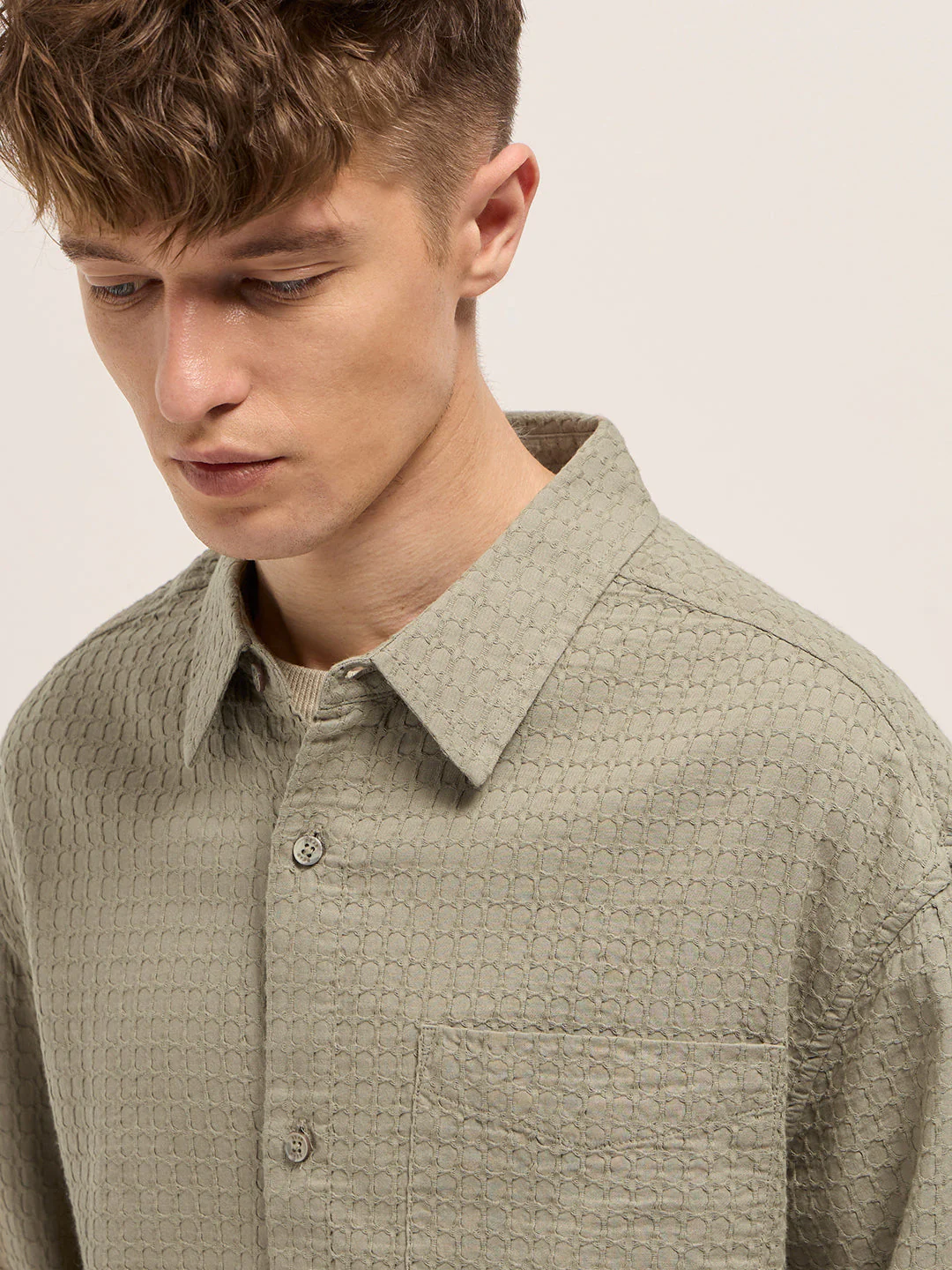 Men Beige Texture Woven Design Relax Fit Overshirt - Image 5