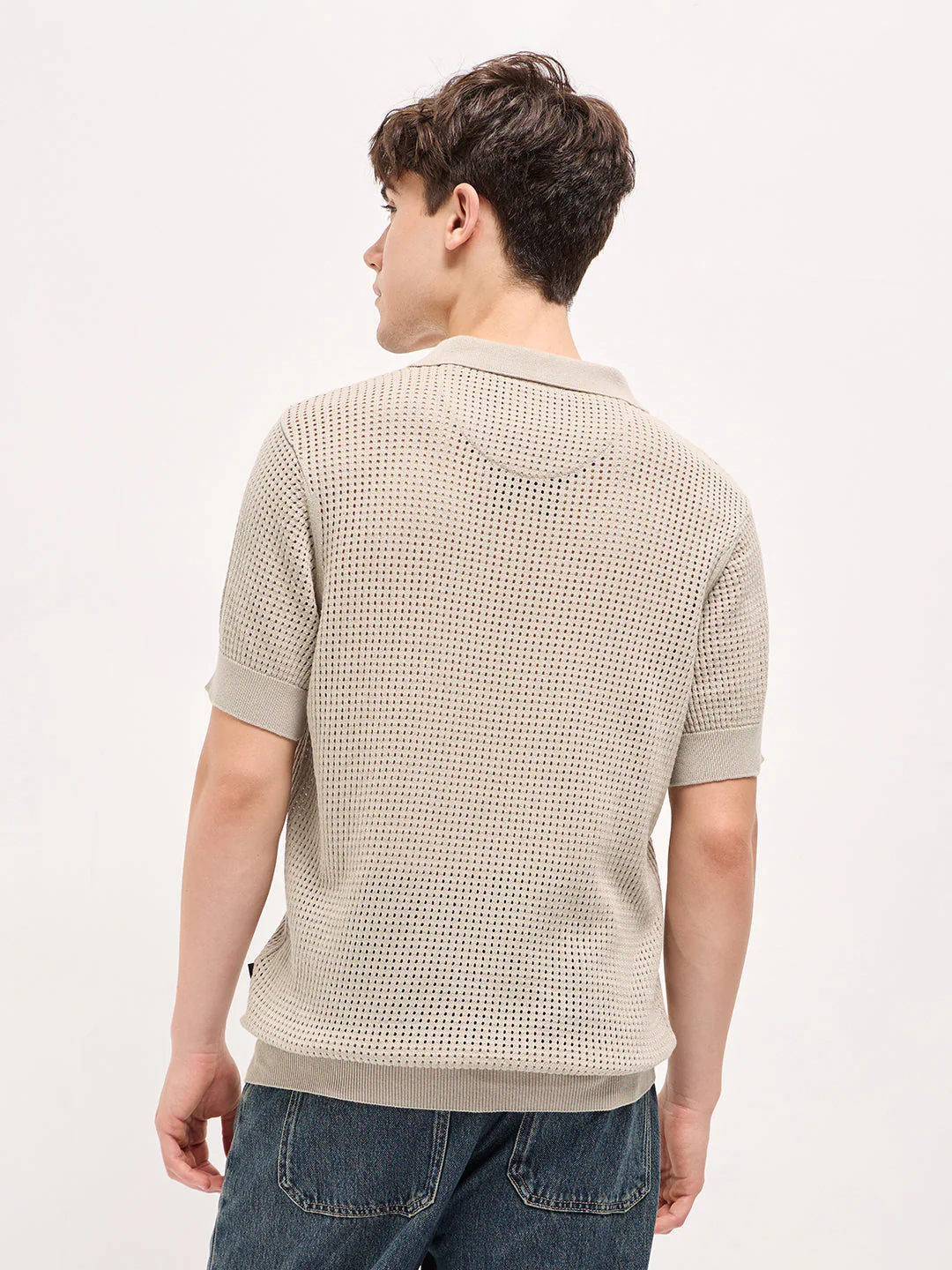 Men Beige Textured Knit Regular Fit Polo T-shirt - Image 2