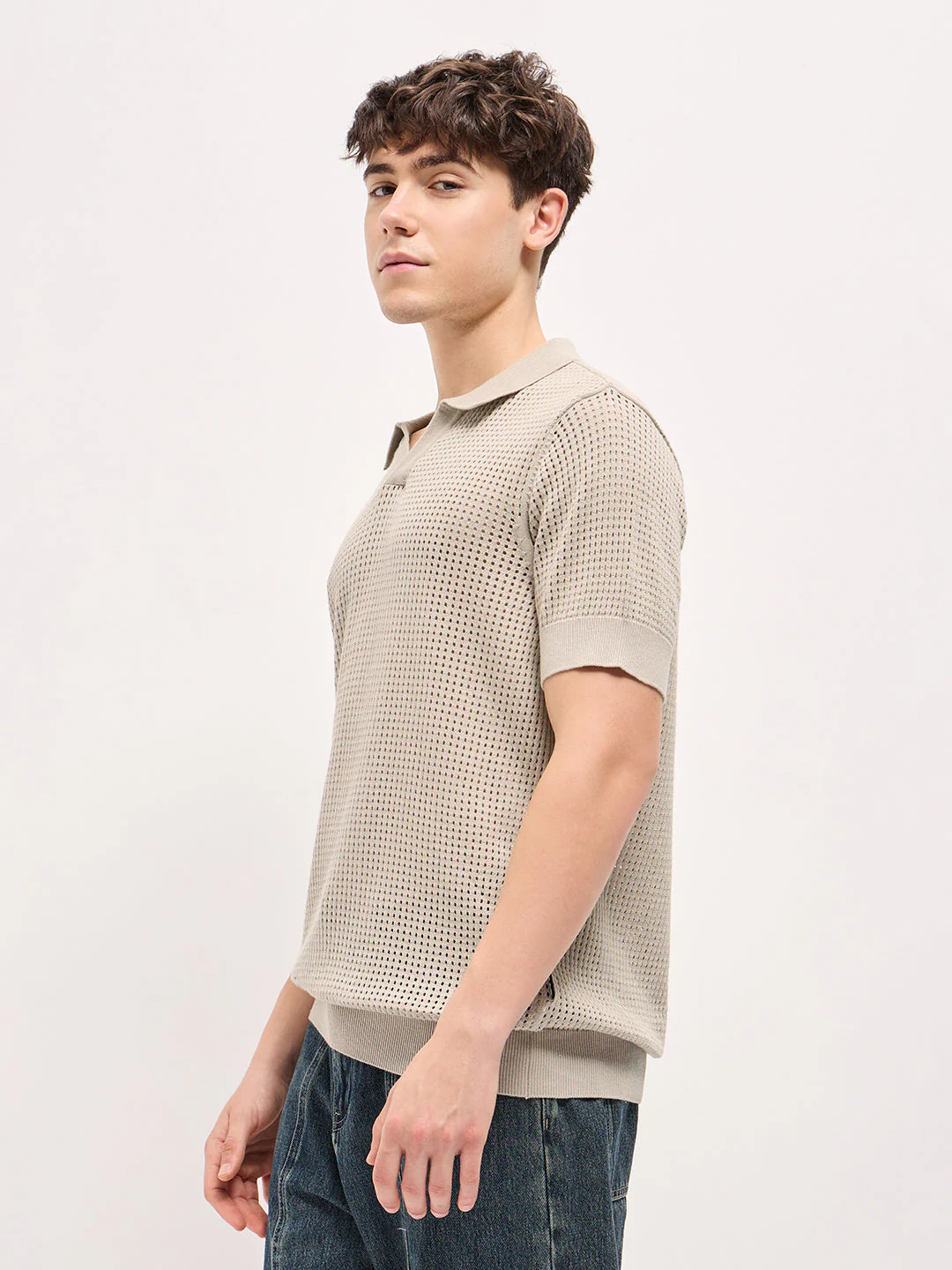 Men Beige Textured Knit Regular Fit Polo T-shirt - Image 3