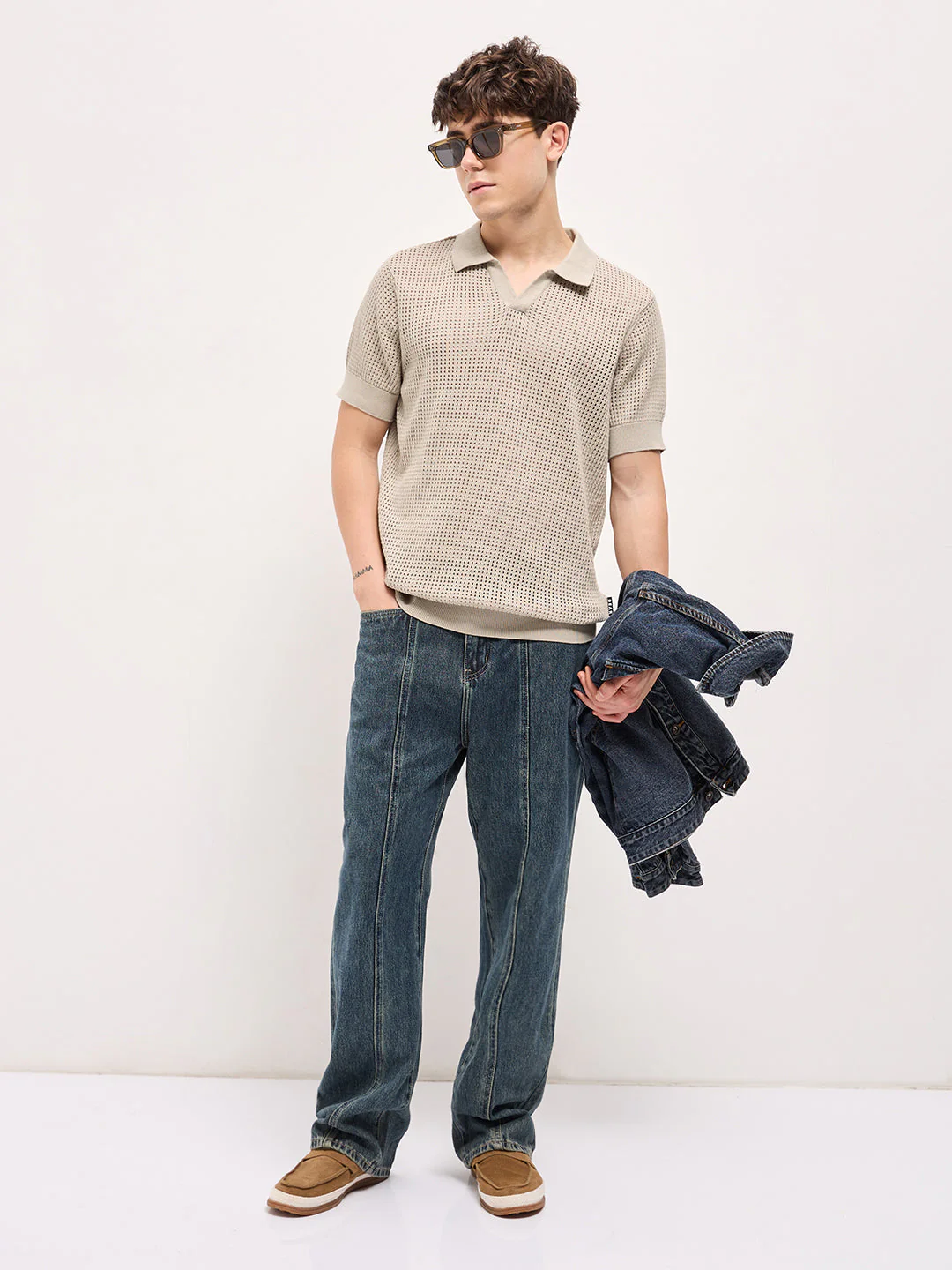 Men Beige Textured Knit Regular Fit Polo T-shirt - Image 4