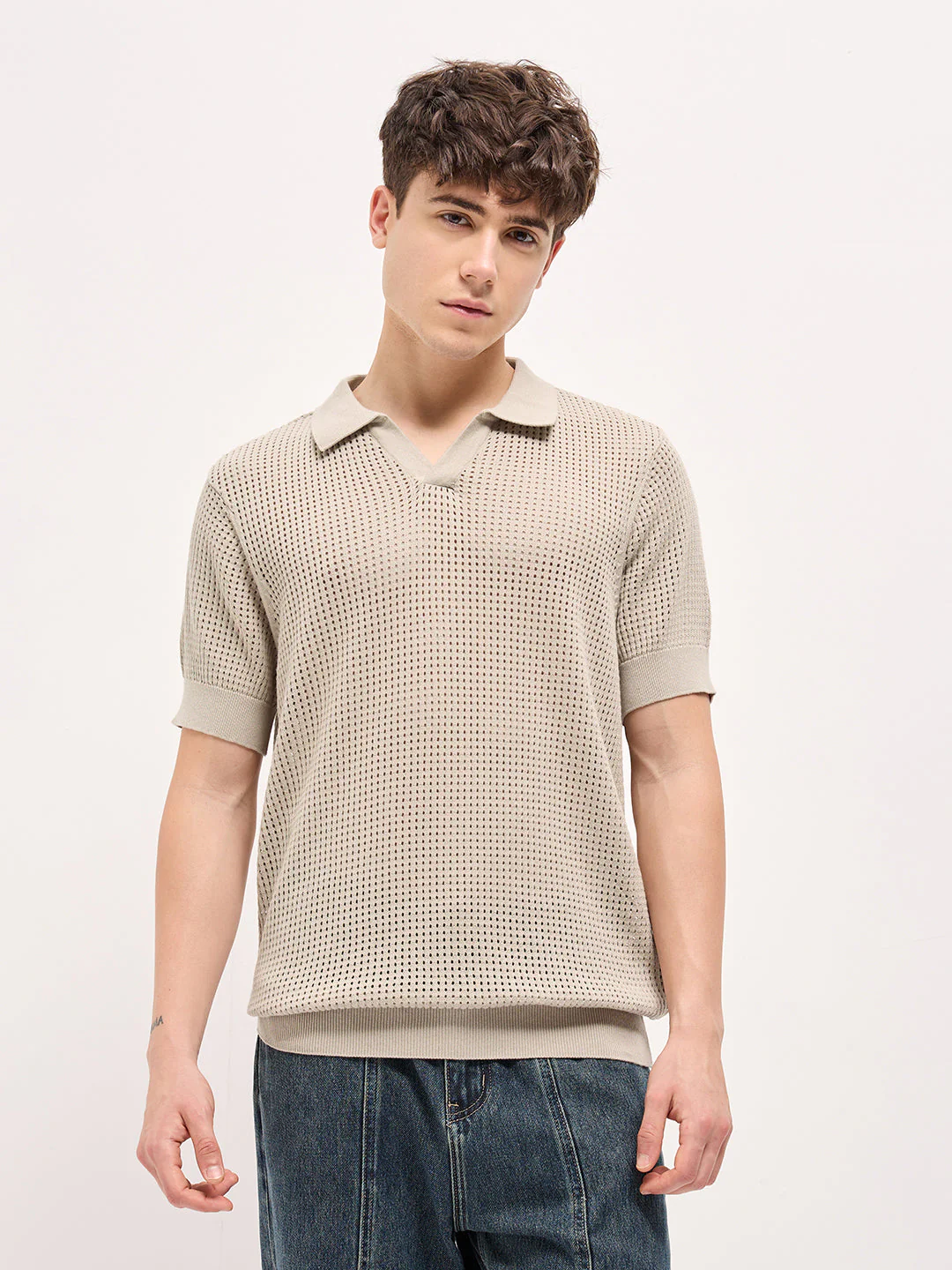 Men Beige Textured Knit Regular Fit Polo T-shirt - Image 6