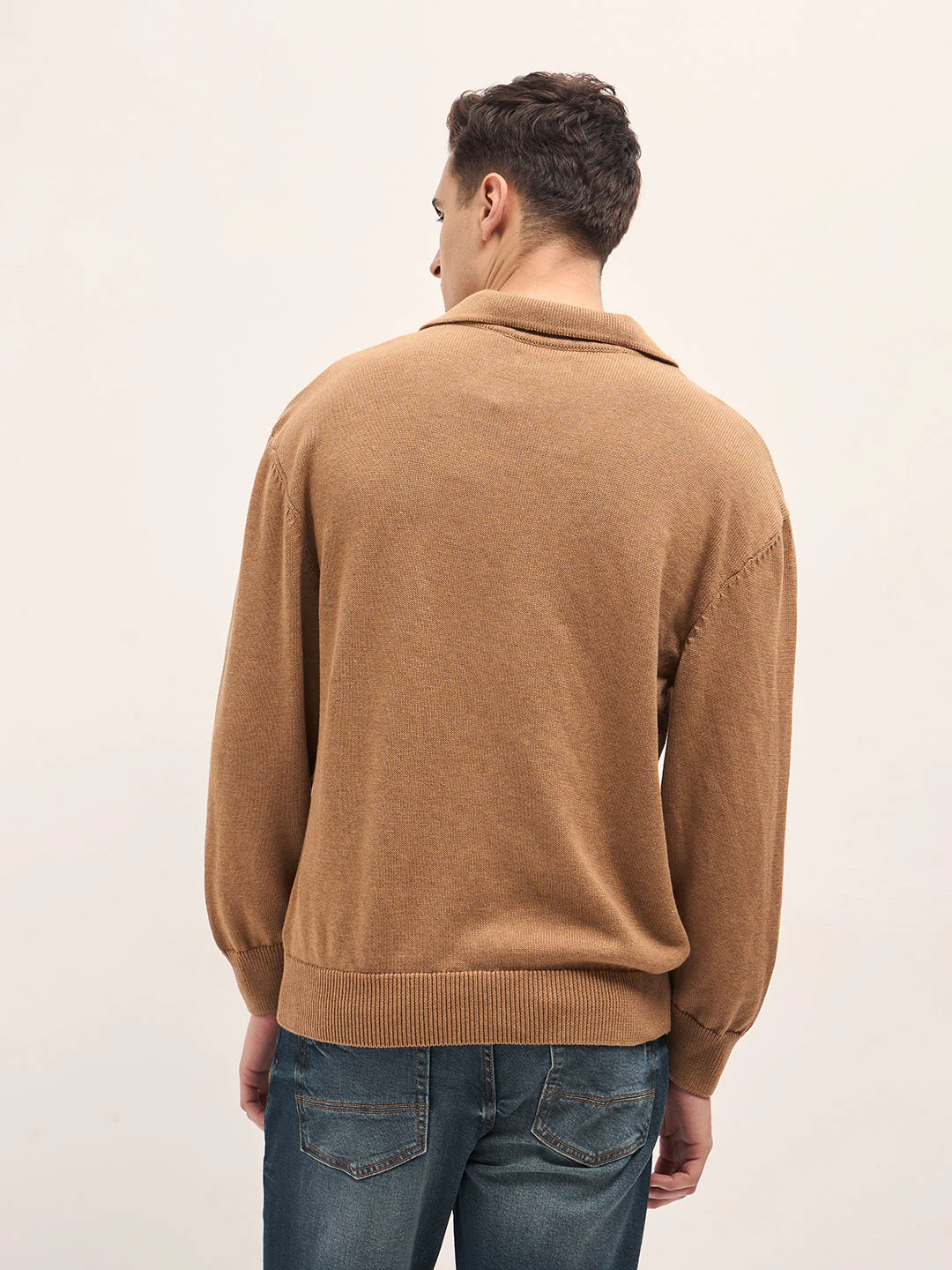 Men Beige Textured Knit Relaxed Fit Polo - Image 2