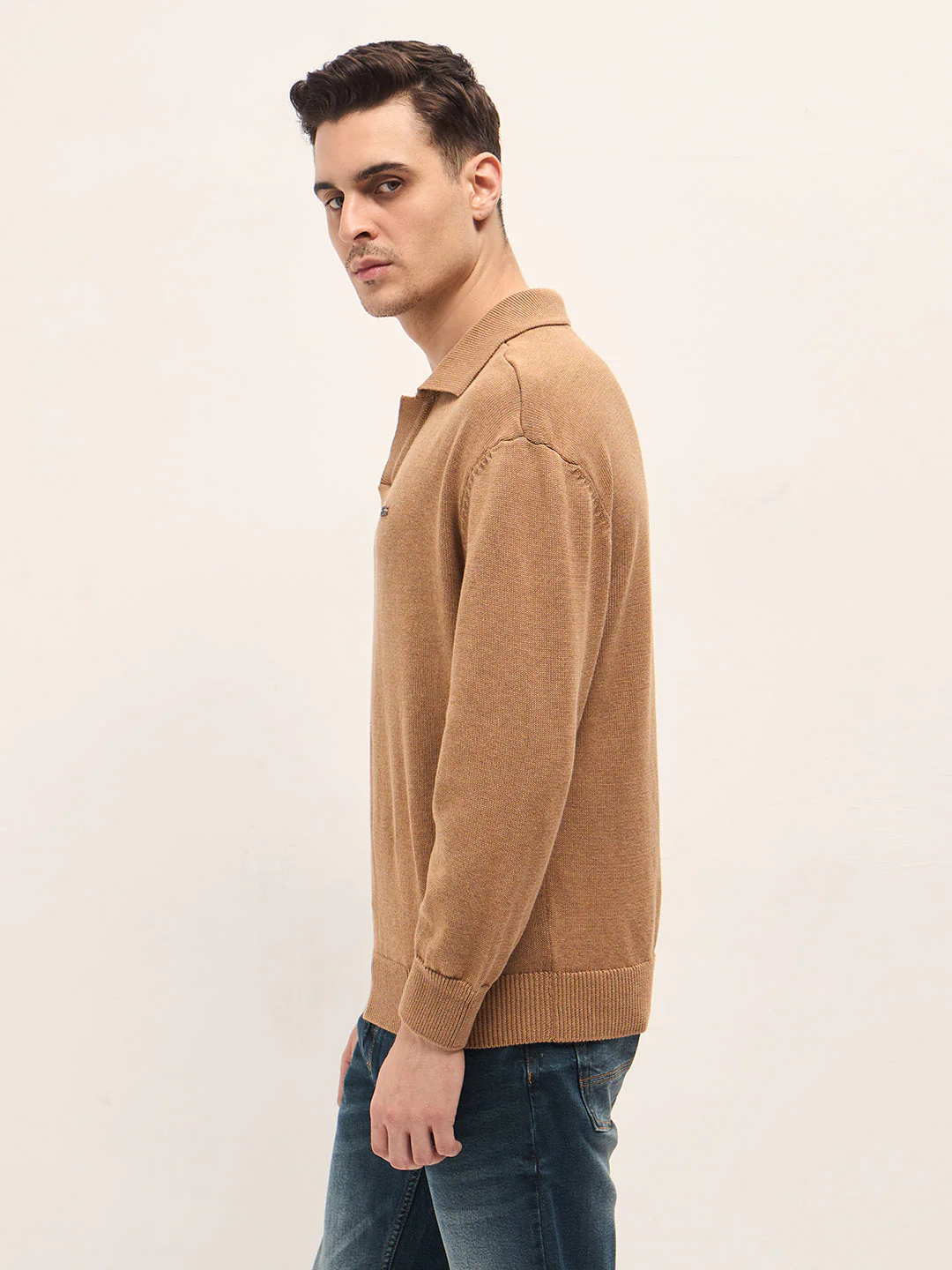 Men Beige Textured Knit Relaxed Fit Polo - Image 3