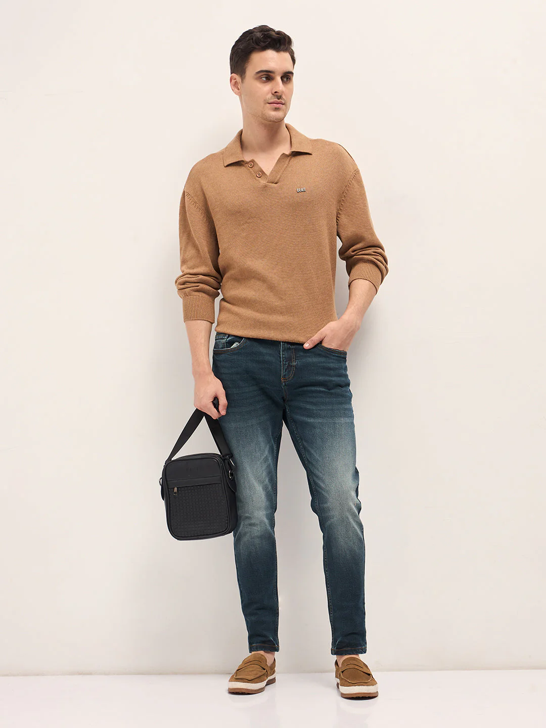 Men Beige Textured Knit Relaxed Fit Polo - Image 4